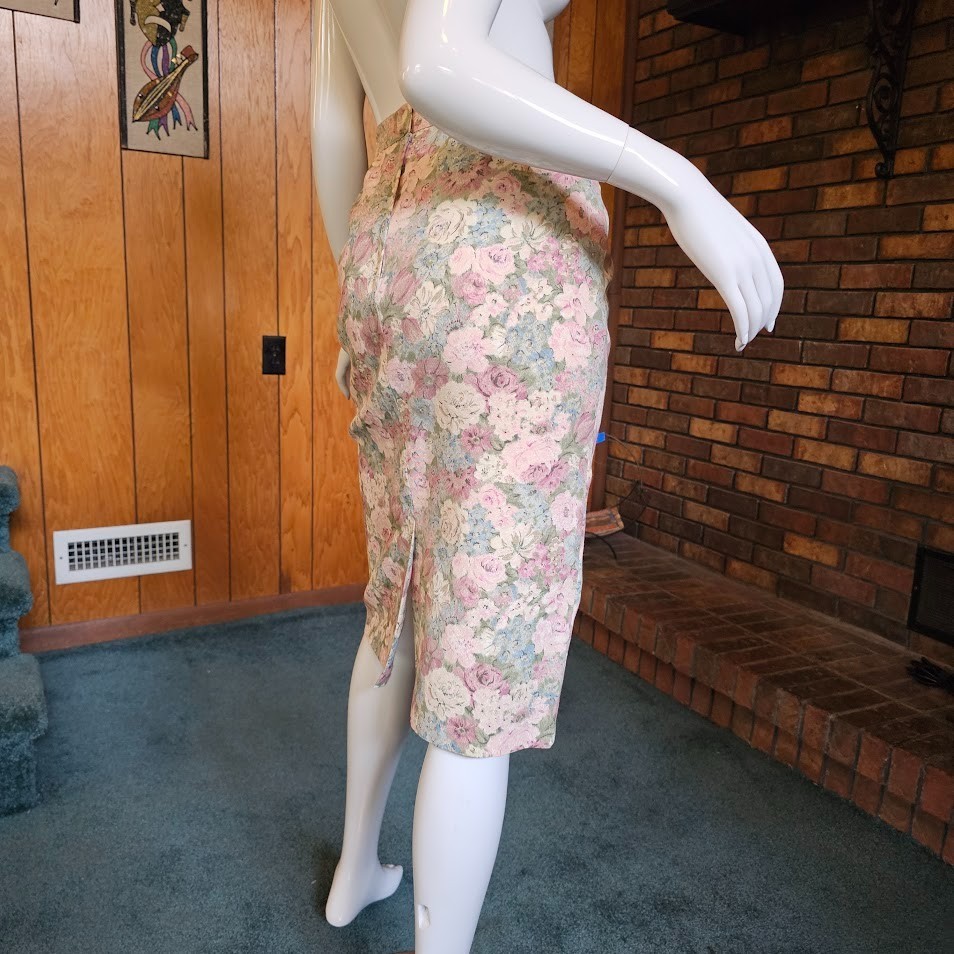 Vtg 80s Granny Cottage Floral Brat Pack High Waisted Secretary Pencil Skirt M