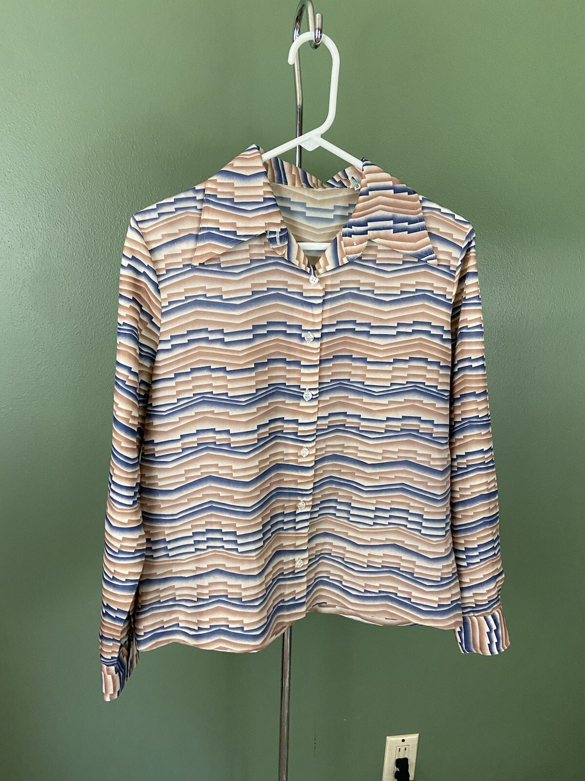VTG 60s 70s Art Deco Geometric Stripes Long Sleeve Blouse Button Down Up Shirt
