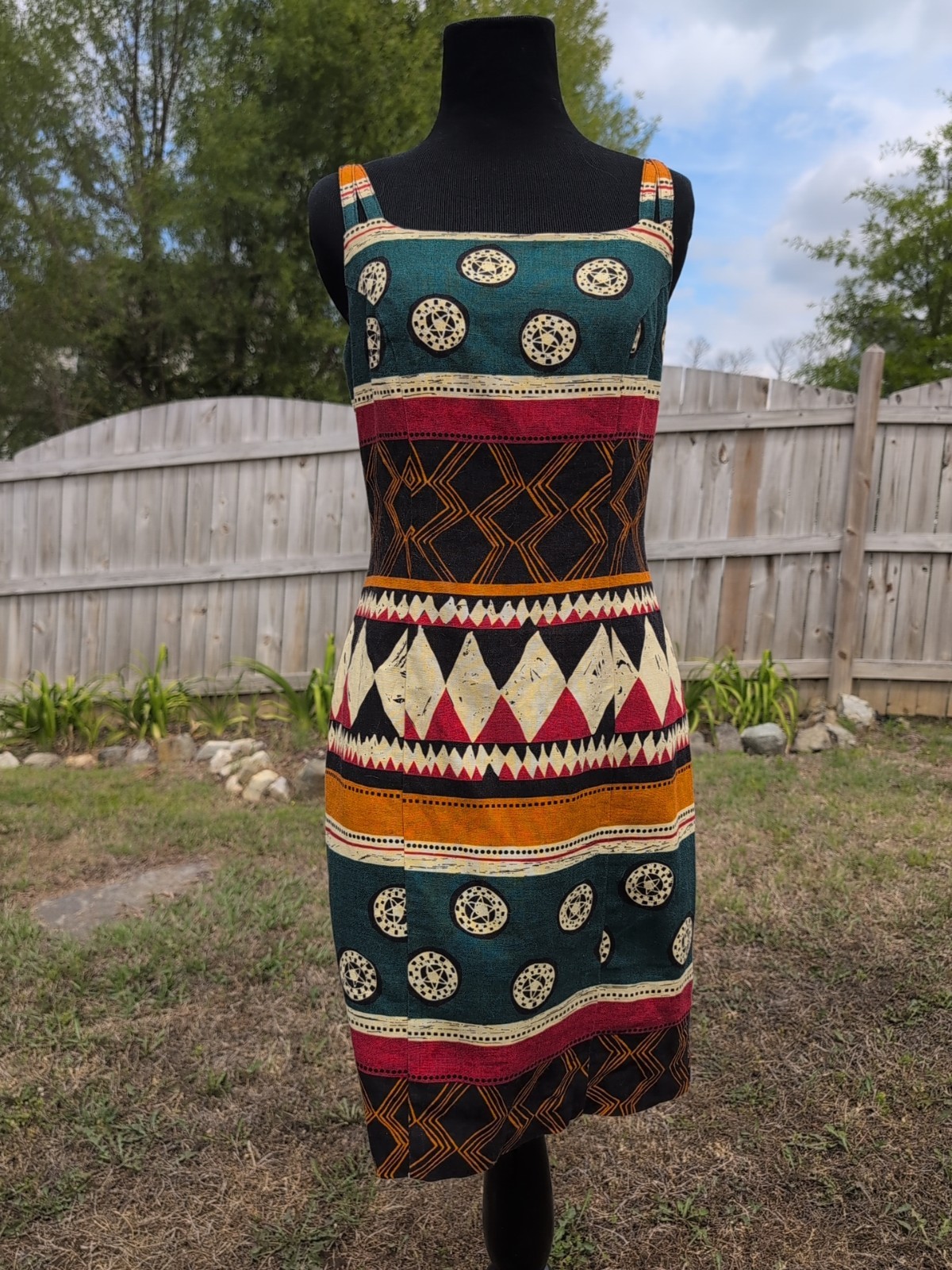 EUC VINTAGE ANDREA JOVINE LINEN SPAGHETTI STRAP SHEATH DRESS TRIBAL PRINT SIZE 4