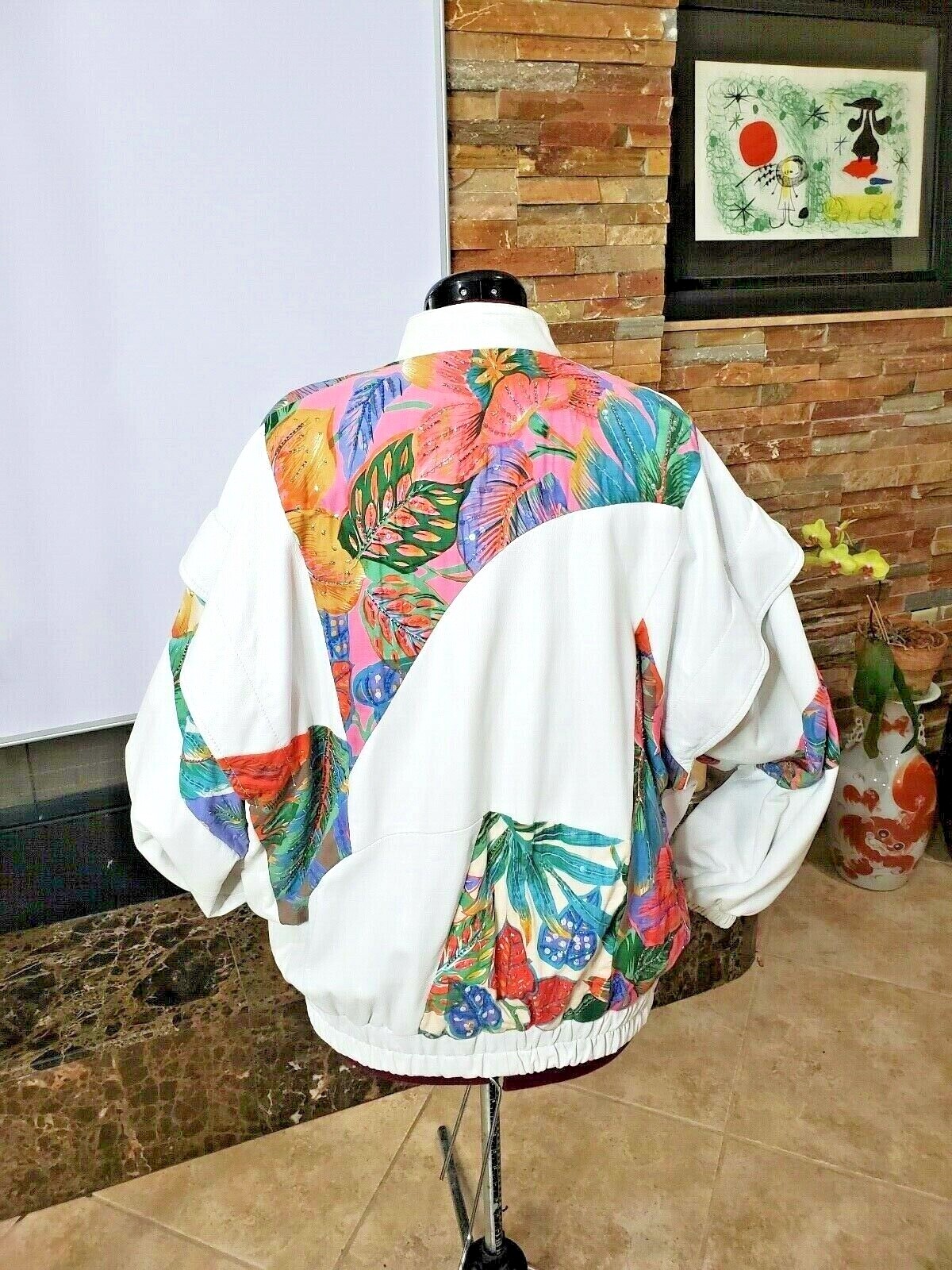VTG Judith Ann Creation Sequin Beaded White Leather Jacket US L 10-2 Linen 90s