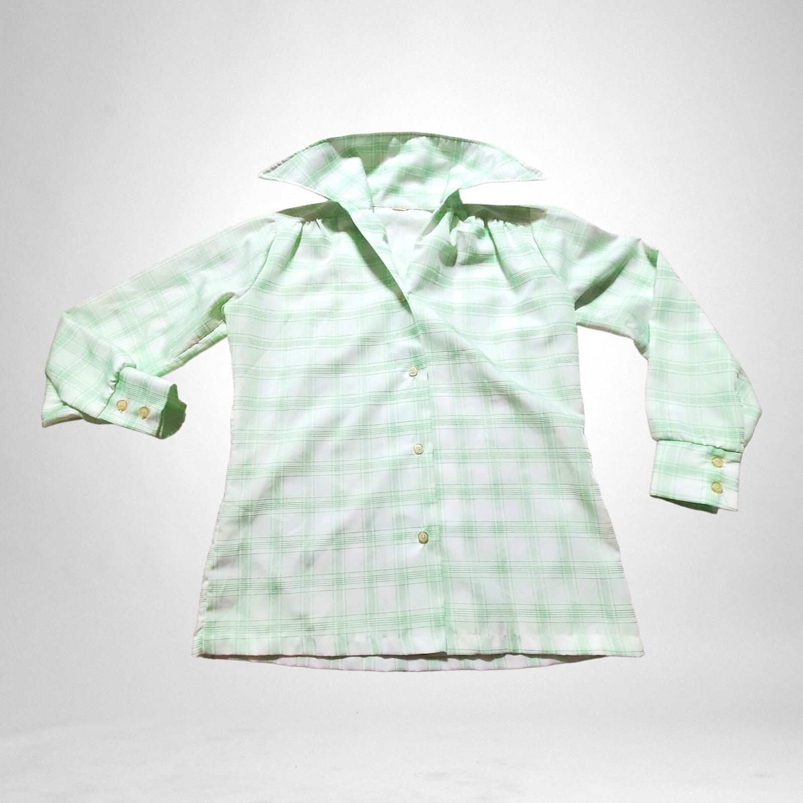 Vtg Green Plaid Button Up Shirt Pointed Collar Lightly Textured Small ? Women’s