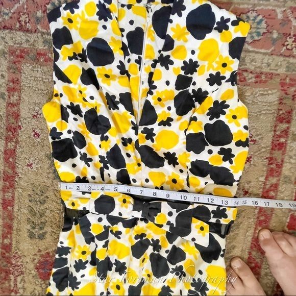 Sunny 1960’s Mod Yellow High Collar Abstract Flower Print Dress 2 Bow Belts VNTG