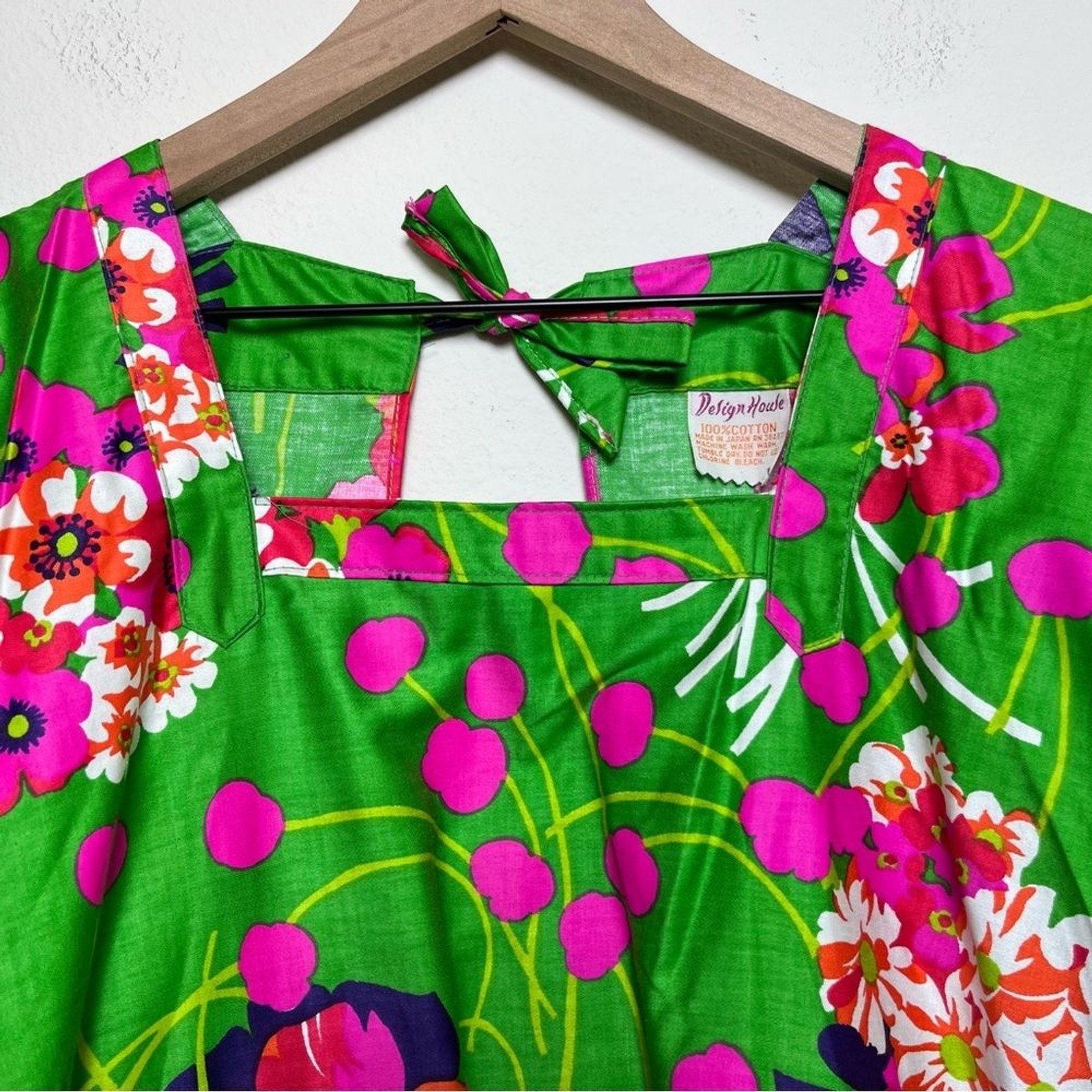 Design House Womens Cotton Tunic Dress One Size Green Floral Vintage Mod Japan