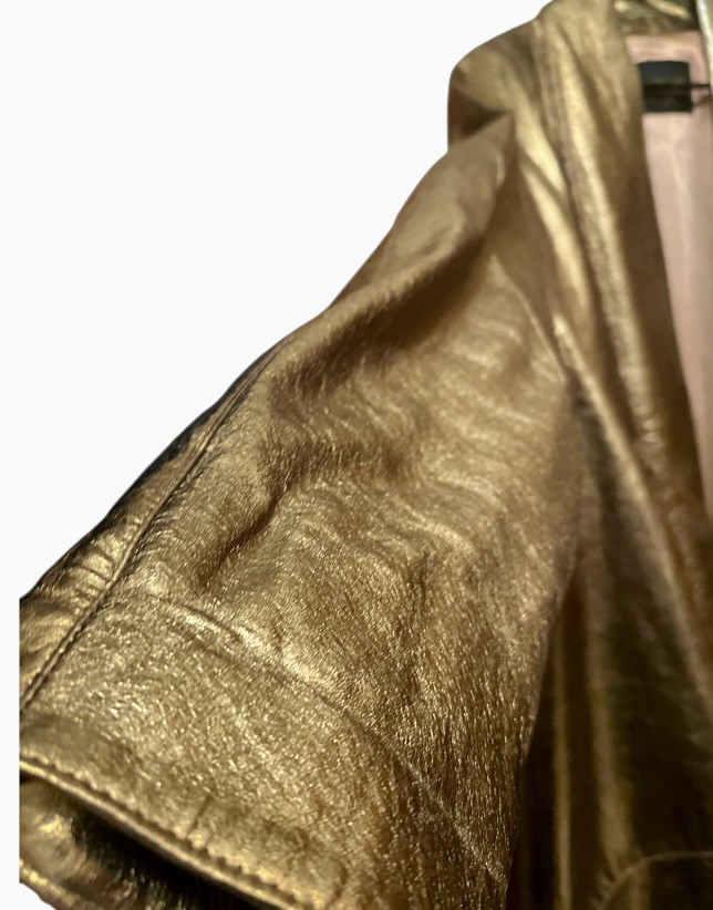 VTG 80s Kanar Gold Lame Metallic Leather Swing Coat Hollywood Glam XL / 2XL