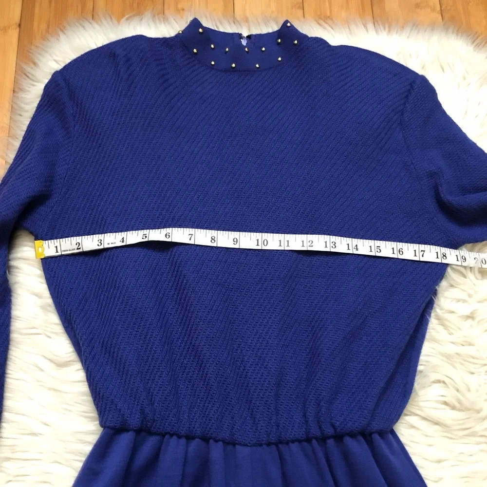 Vintage 70s 80s CIAO Ltd Wool Preppy Gold Stud Cobalt Midi Knot Sweater Dress 12