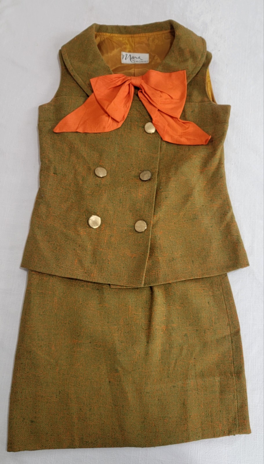 Vintage 60s Mara by Romay Skirt & Vest Suit Set XXS Olive Green Orange Bow Nubby