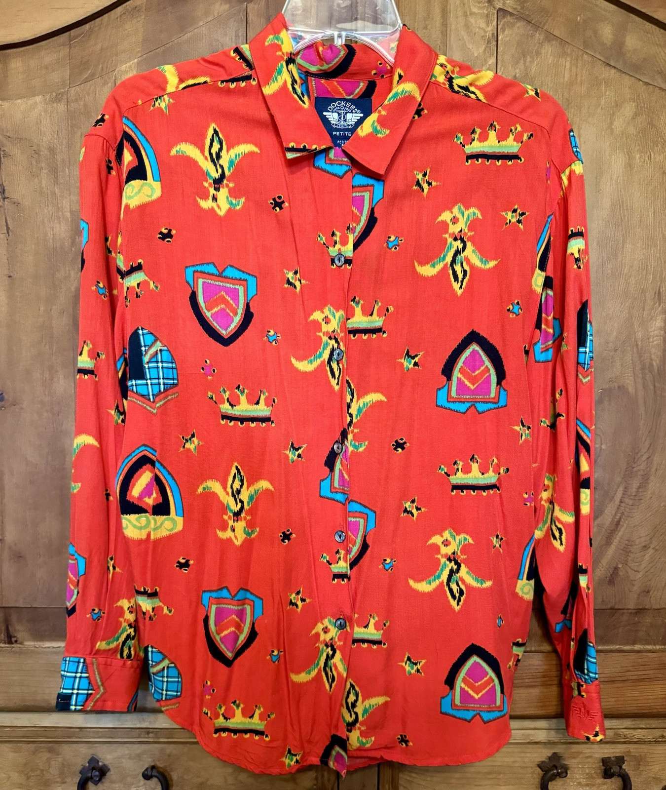 Levi’s Dockers Shirt Women Sz Petite Red Neon Kings Royal Crown Top Vintage 80s