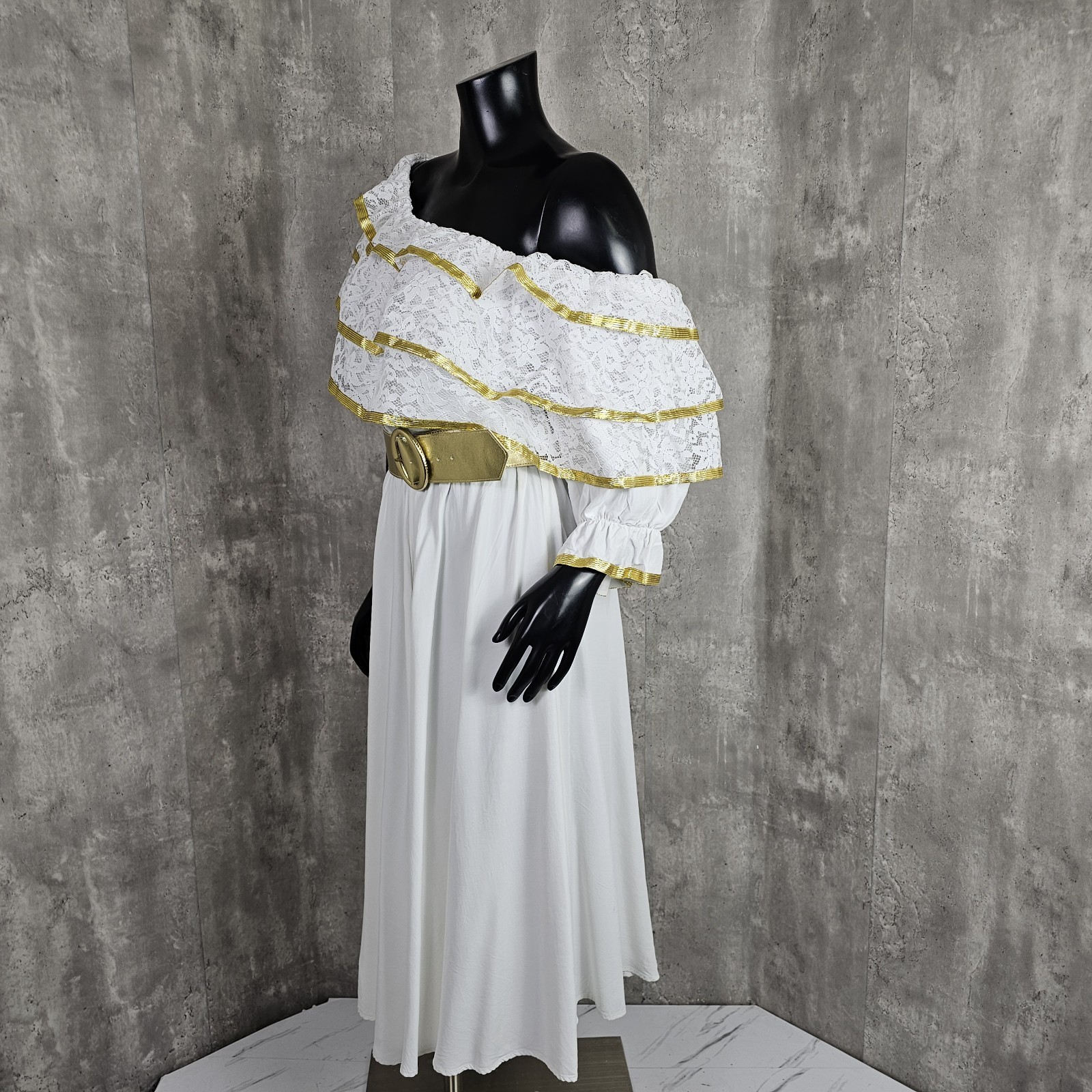 Vintage 80s Menu Greek Goddess White Peasant Dress Gold Trim Ruffle Off Shoulder