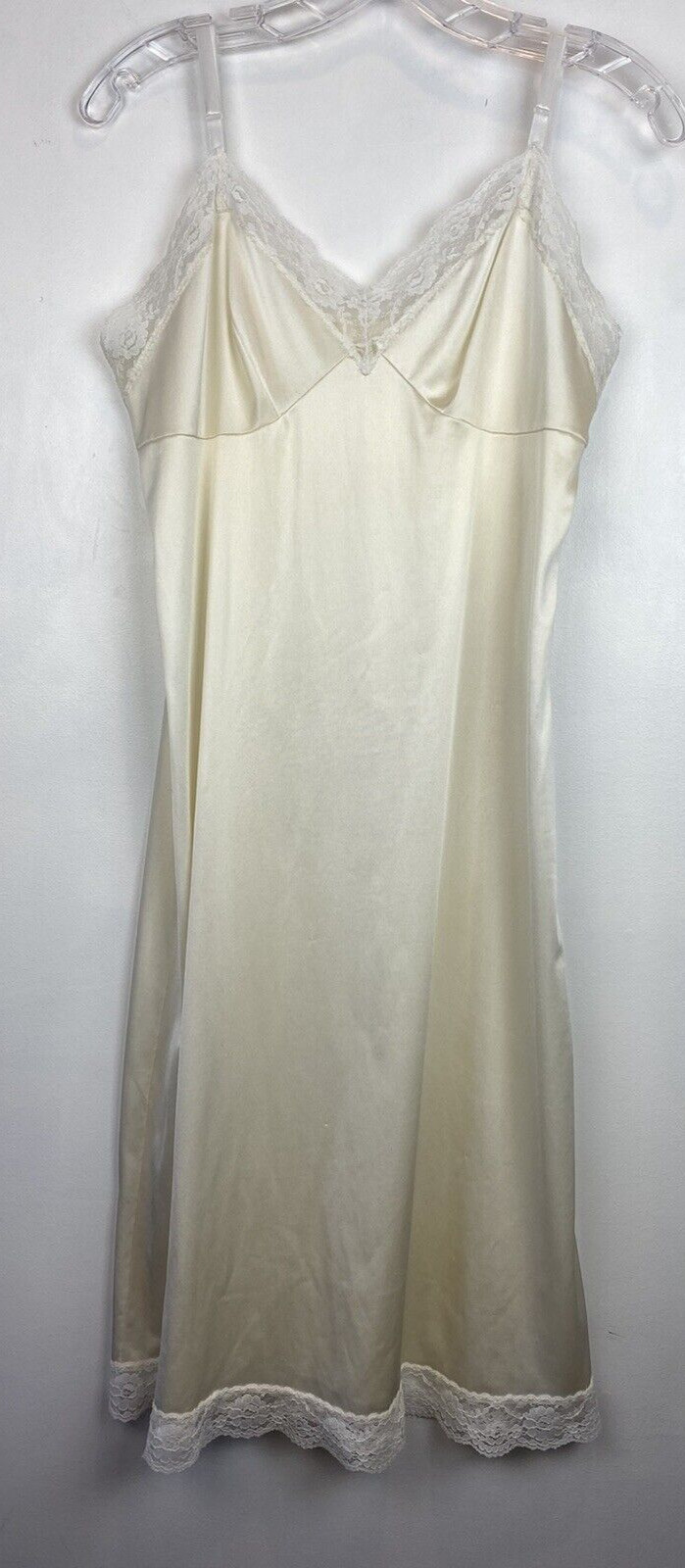 Slip Dress M Ivory Nylon Satin Nightgown Babydoll Lace Adjustable Straps Fairy