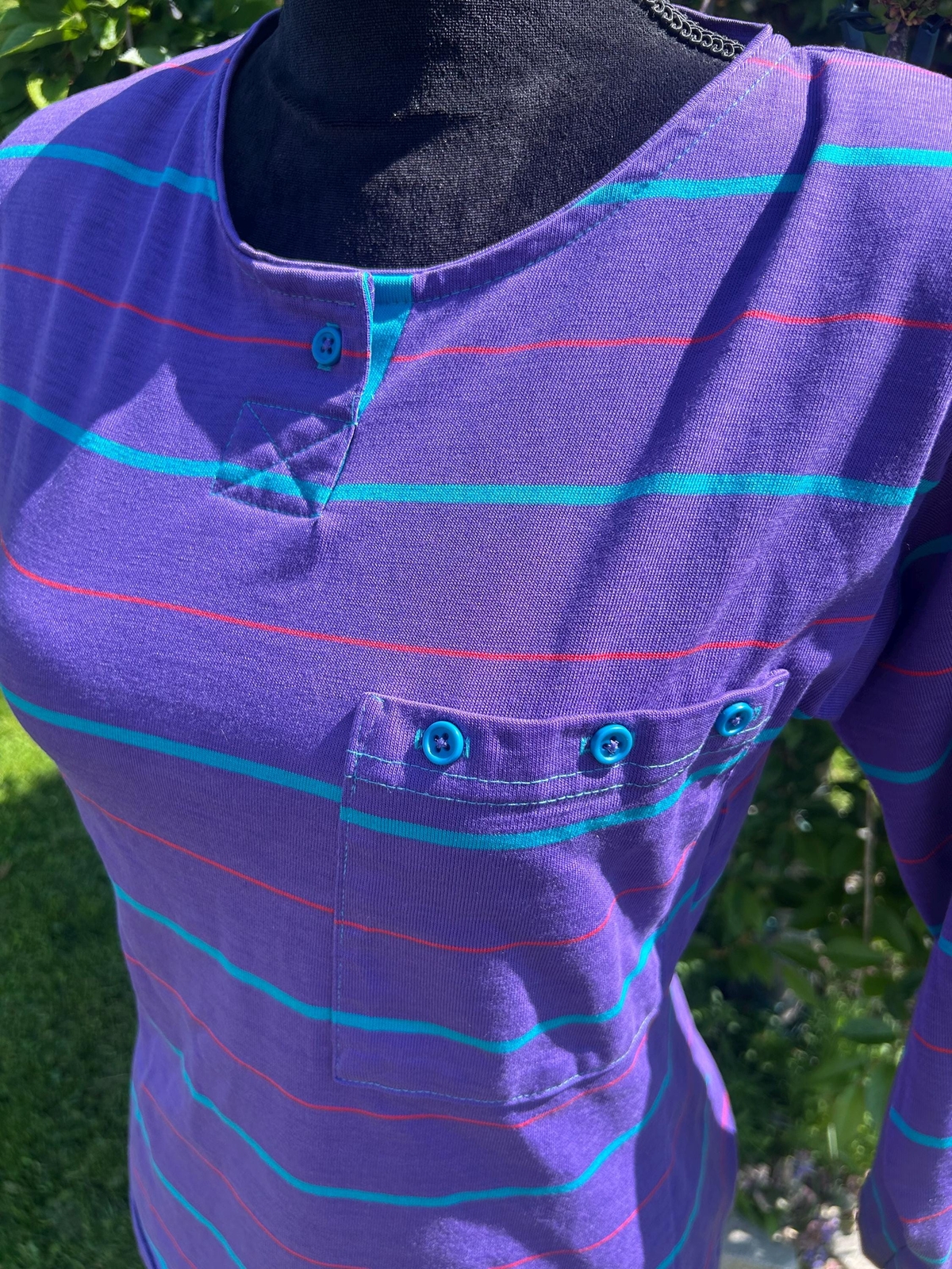 Vtg Chesterfield 80s Bracelet Sleeve Purple Blue Pink Stripe Shirt Small