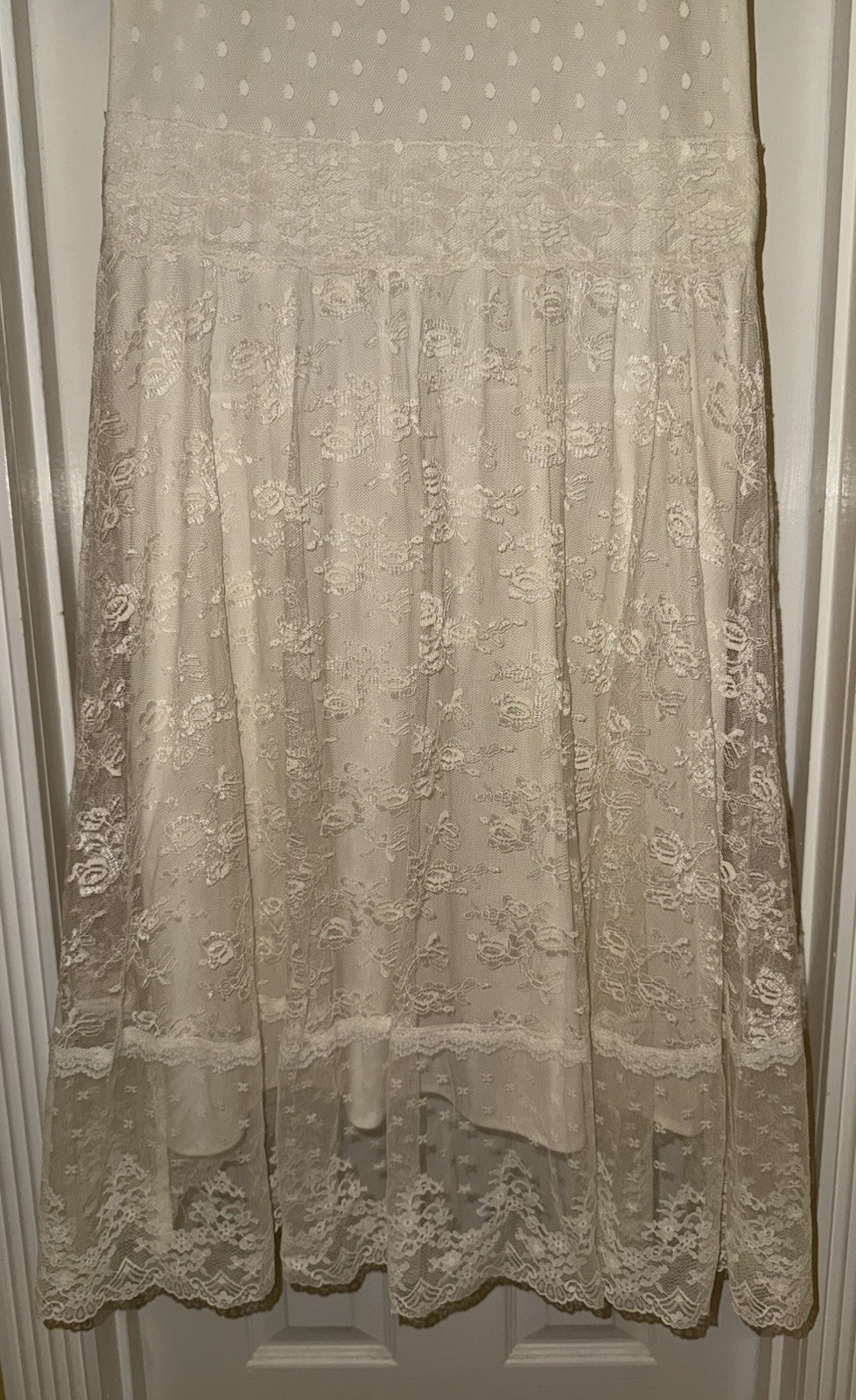 WOMENS VINTAGE VICTORIAN LACE MAXI IVORY OFF WHITE BOHO WEDDING DRESS 15 / 16