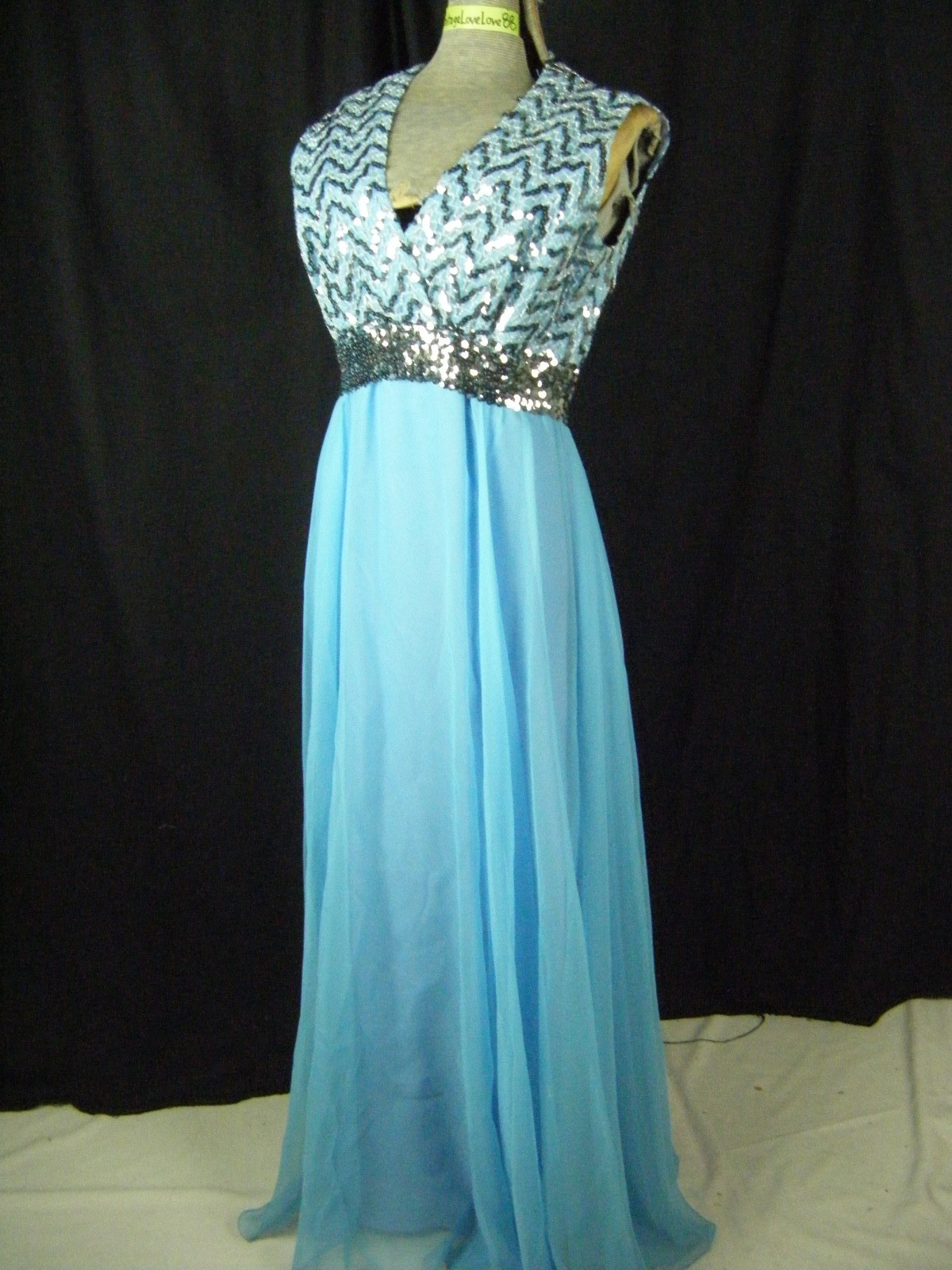 MISS ELLIETTE Vtg 70s Silver Sequin Blue Party Dress-Bust 38/S-M