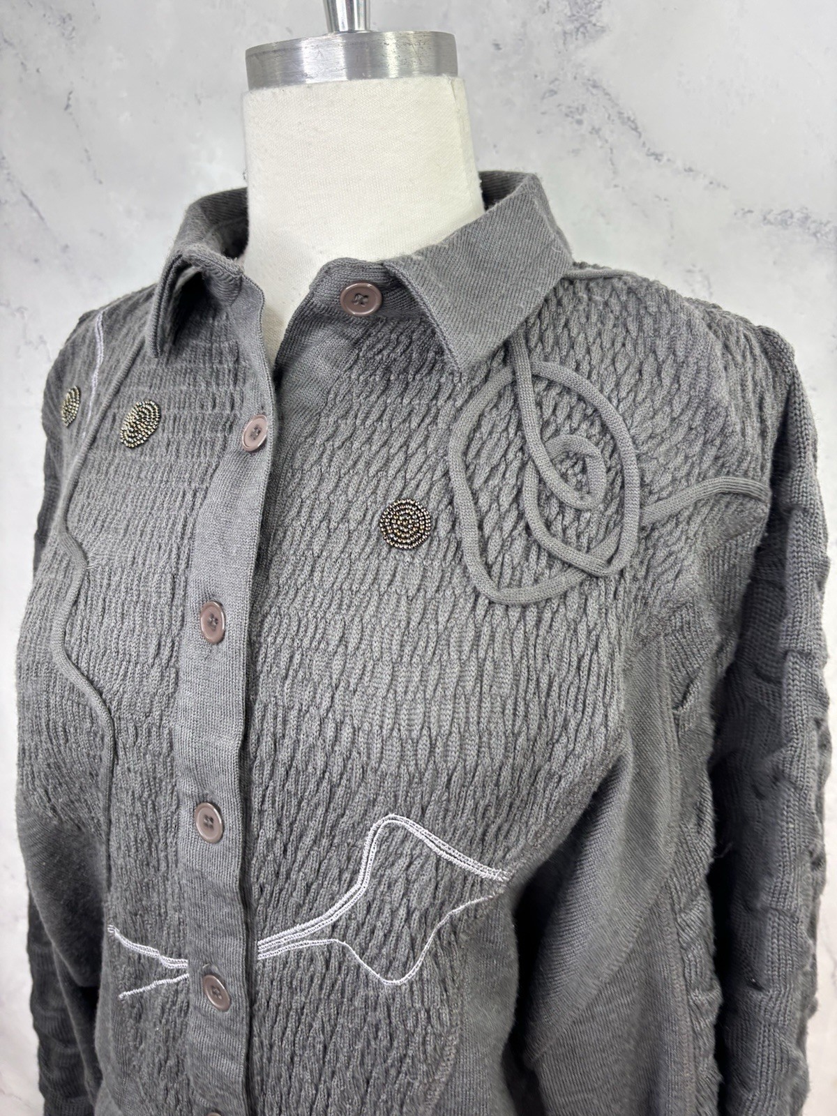 Vintage 80s MARC D’ALCY Paris Henley Sweater Gray Dolman Sleeves Wool Retro sz S