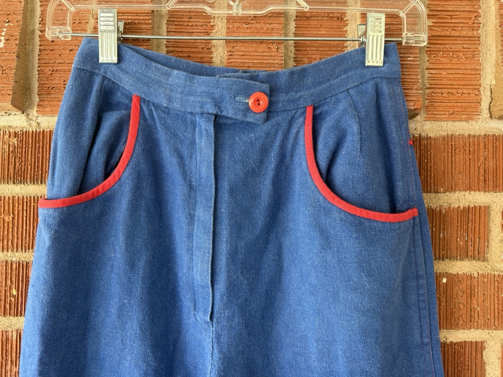 70s handmade super high rise denim flared with red trim