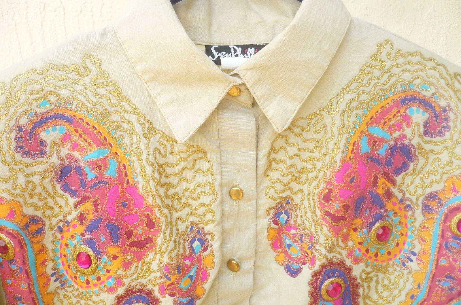VTG 80S 90S DISCO PAINTED PAISLEY BIG RHINESTONE GOLD SPARKLE KHAKI SHIRT BLOUSE