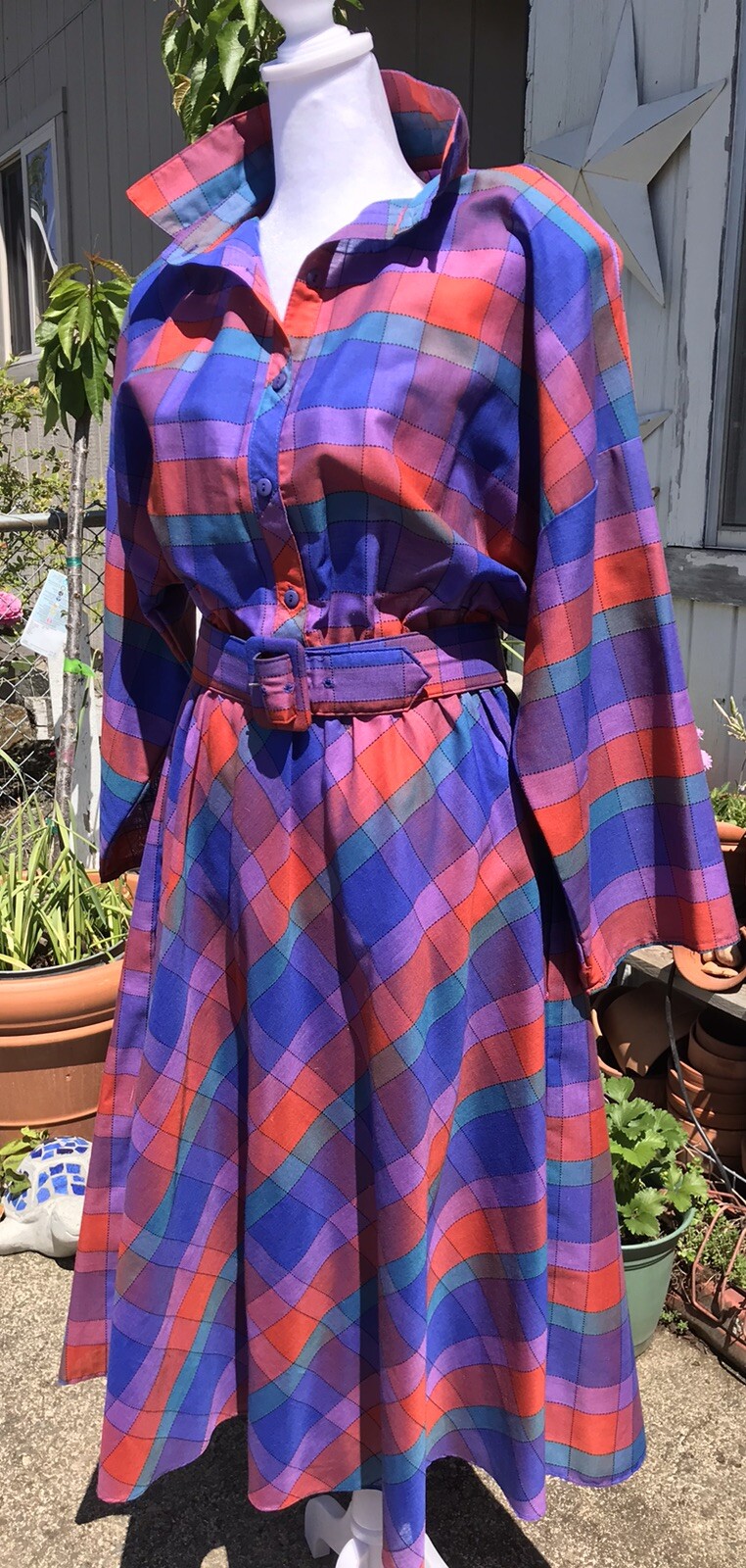 Vtg 80’s AMERICAN SHIRT DRESS Women’s M L 13 Geo Color Block Belted Shldr Pads