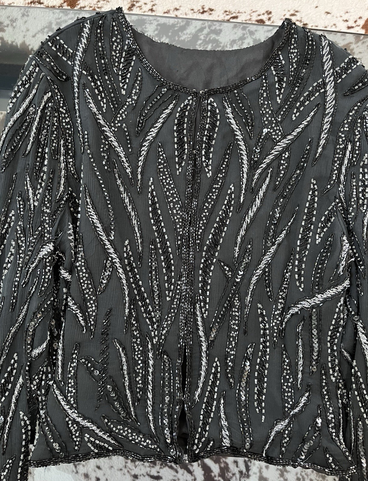Vintage 80s Beaded Black & Silver 3/4 Sleeve Top with Clasp Closure – Sz: M