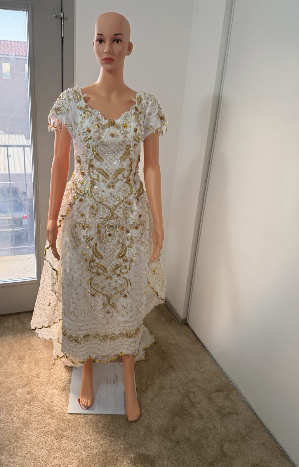 Vintage Ivory Gold Beaded Dress XS Formal Handmade Embellished Gow