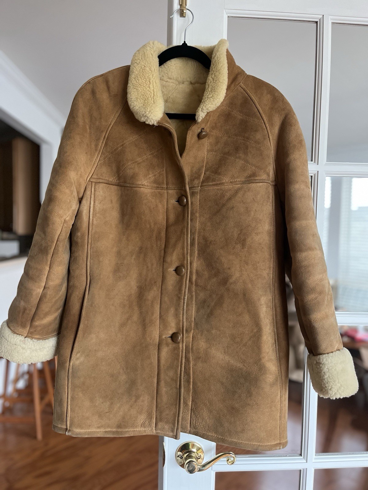 Vintage Designer French Sheepskin Shearling Coat Women’s Large Cognac / Cream