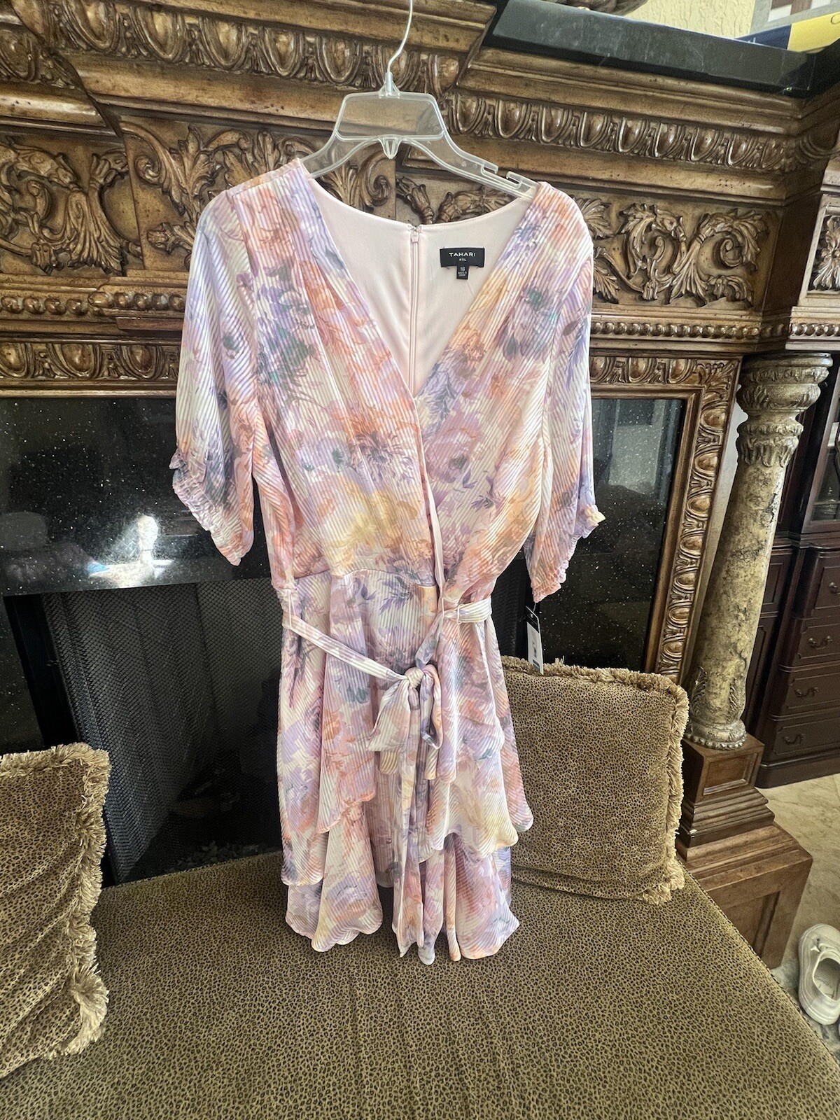 NEW Tahari Dress Womens 16 Black Salmon Purple Floral Silk Ruffle Ties At Waist