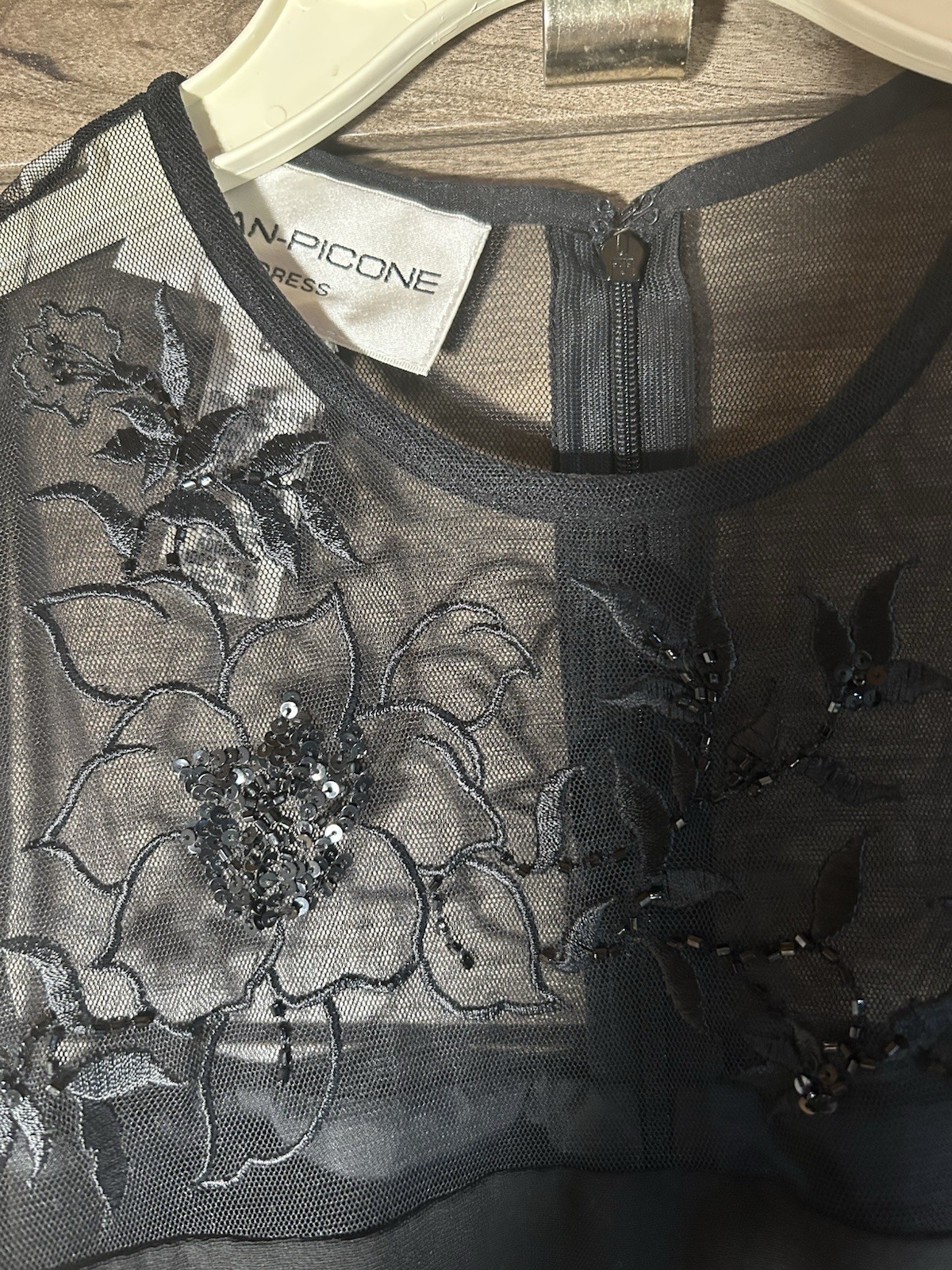 Y2K Evan-Picone Black Sheath Cocktail Dress Mesh Yoke W/Embroidery&Beading Size8