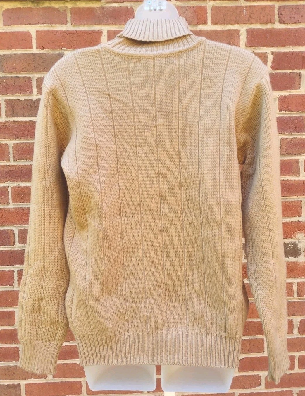Vintage Tan Navy Turtleneck Sweater Acrylic Blend Ribbed Knit Women M/LSki