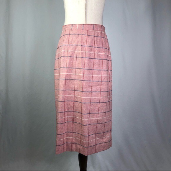 VINTAGE the Wyndham Collection pink herringbone plaid wool midi skirt 12