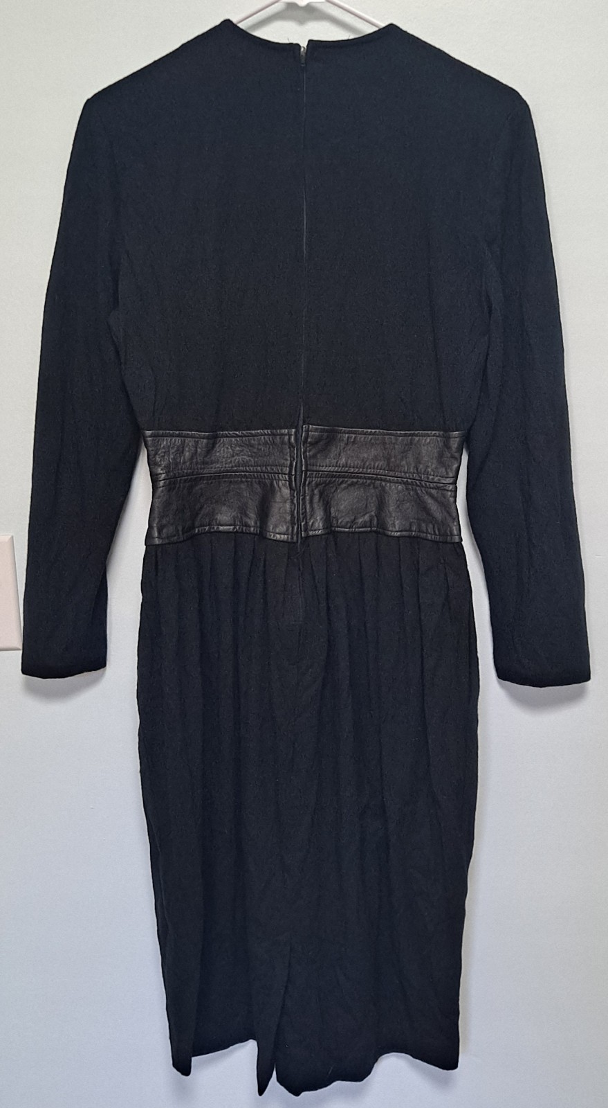 Vintage Sz 8 Samuel Blue Black Dress Wool With Leather Waist Corset Detail