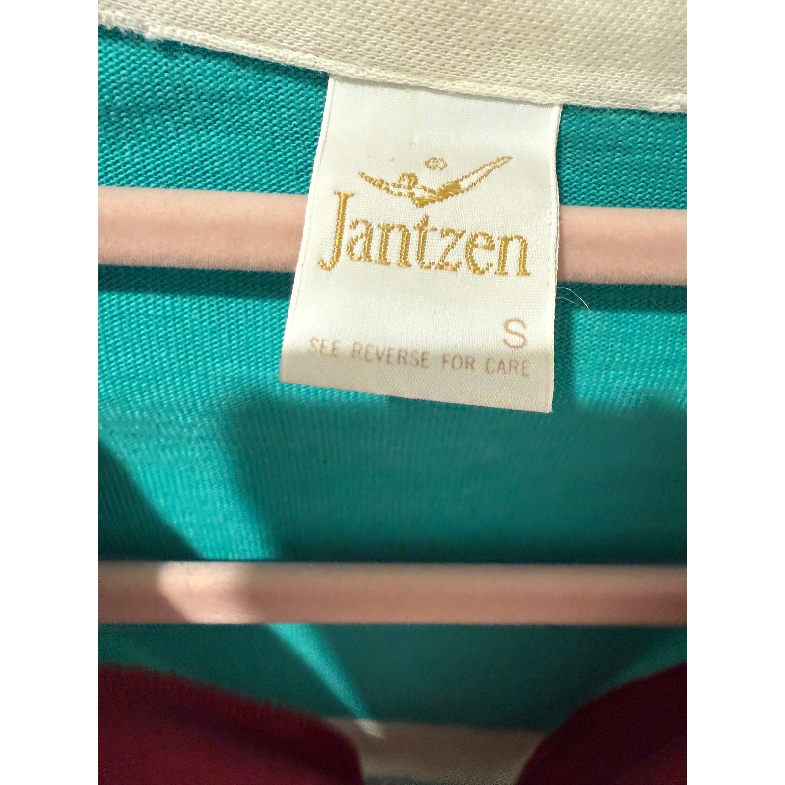 Vintage Jantzen 70s Teal White Floral Knit Polo Shirt Women Small Short Sleeve