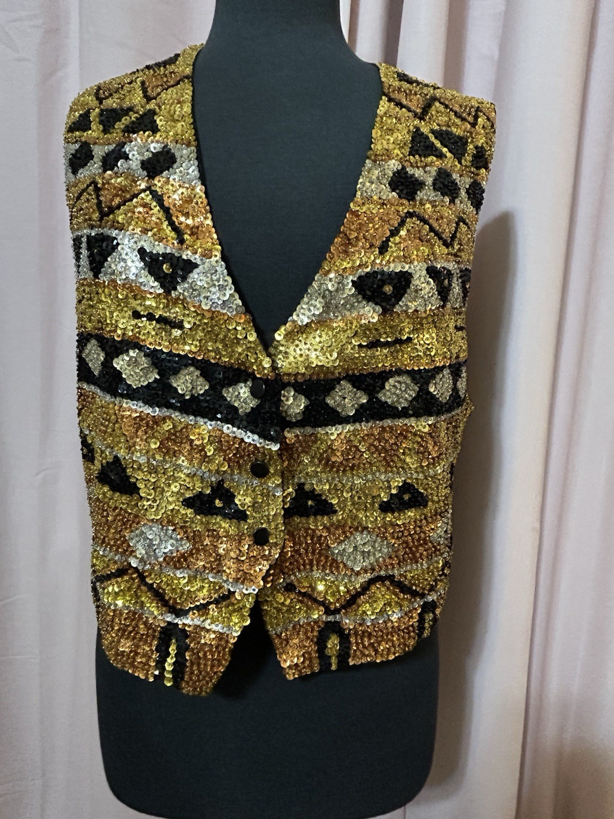 VTG Womans Size L Vest Sequin Beaded Gold Handmade Adj waist Casino Dealer
