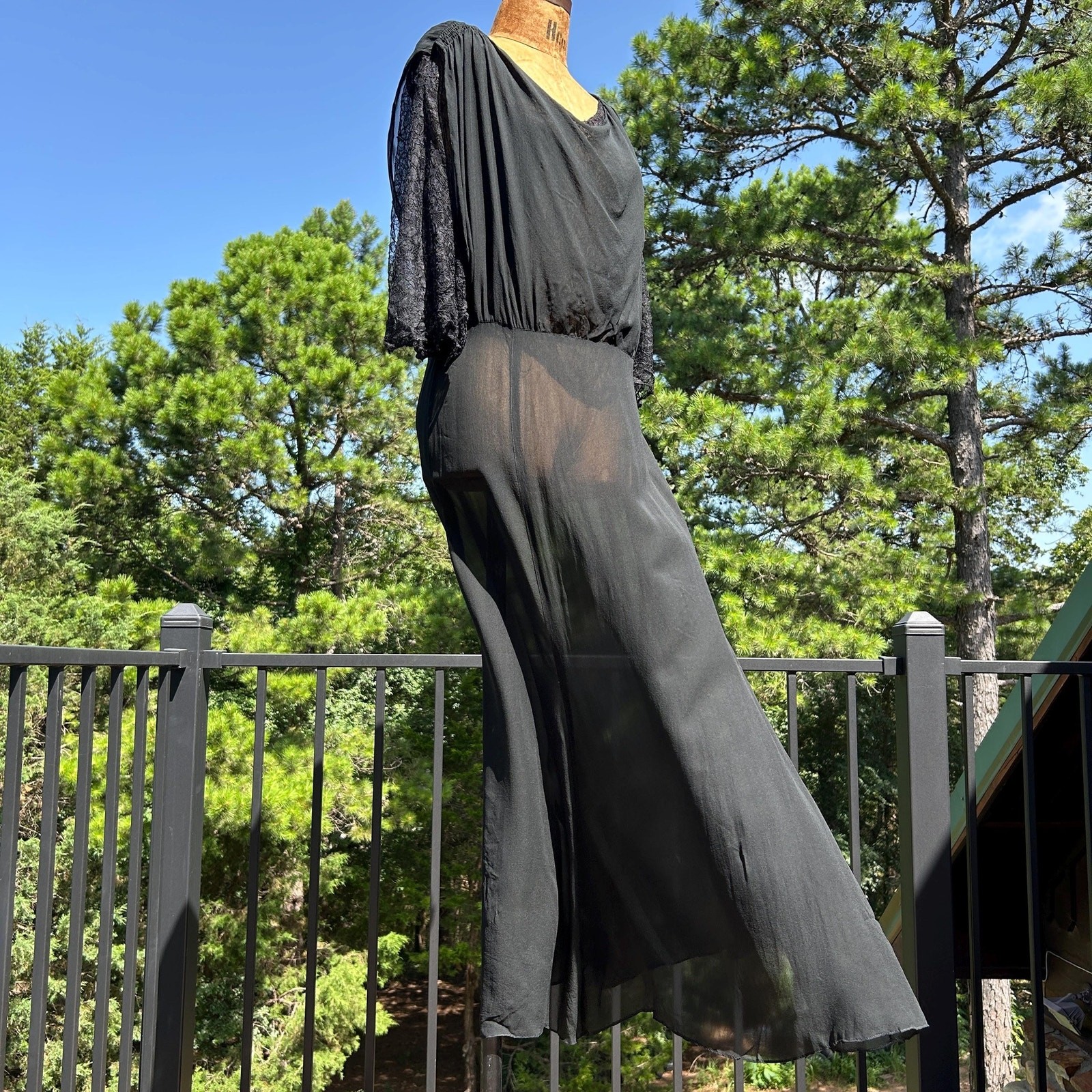 Vintage 30s Black Sheer Silk Chiffon Chantilly Lace Shirred Draped Flowy Midi