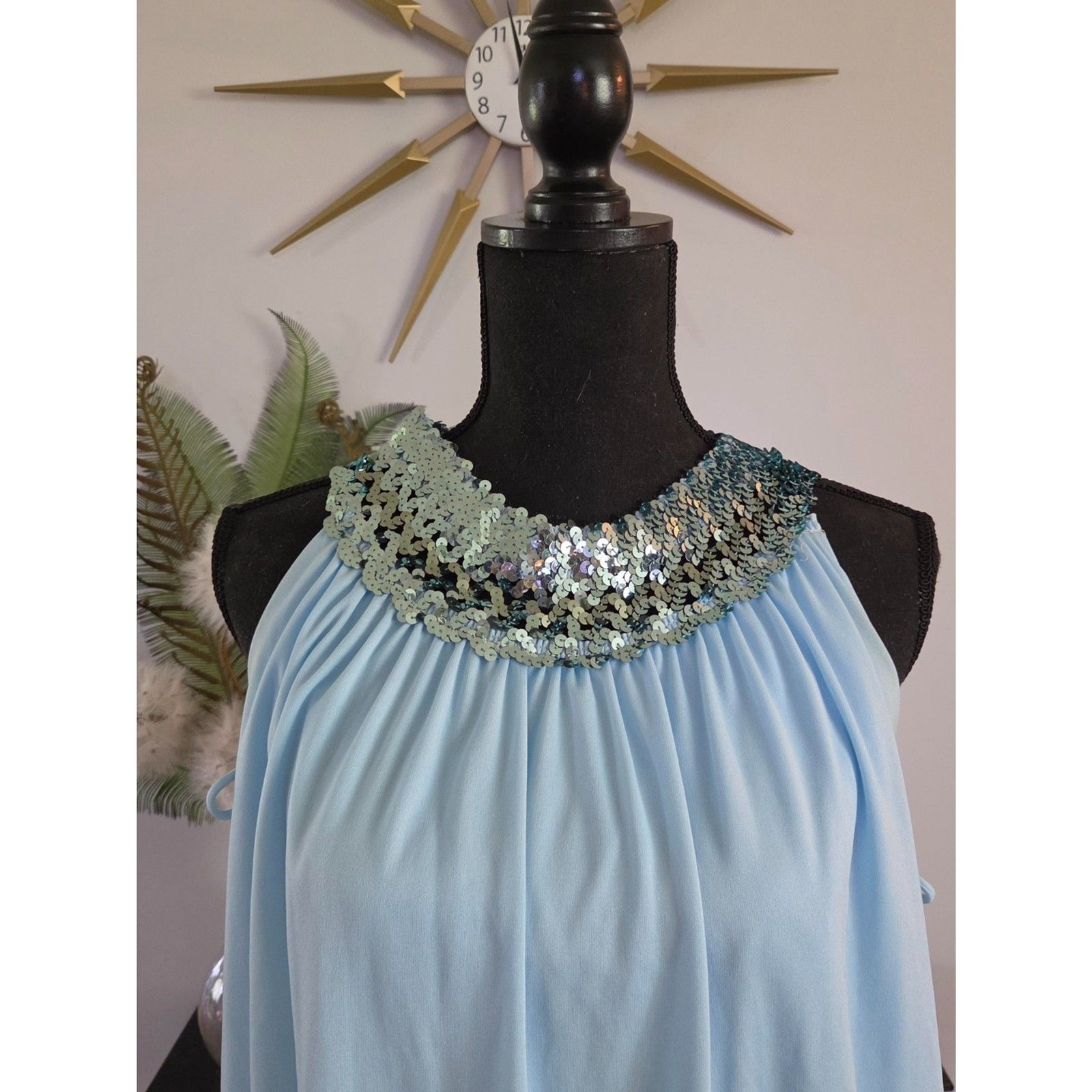 Vintage Grecian-style draped gown with sequin bollar-Powder blue, size 8/10