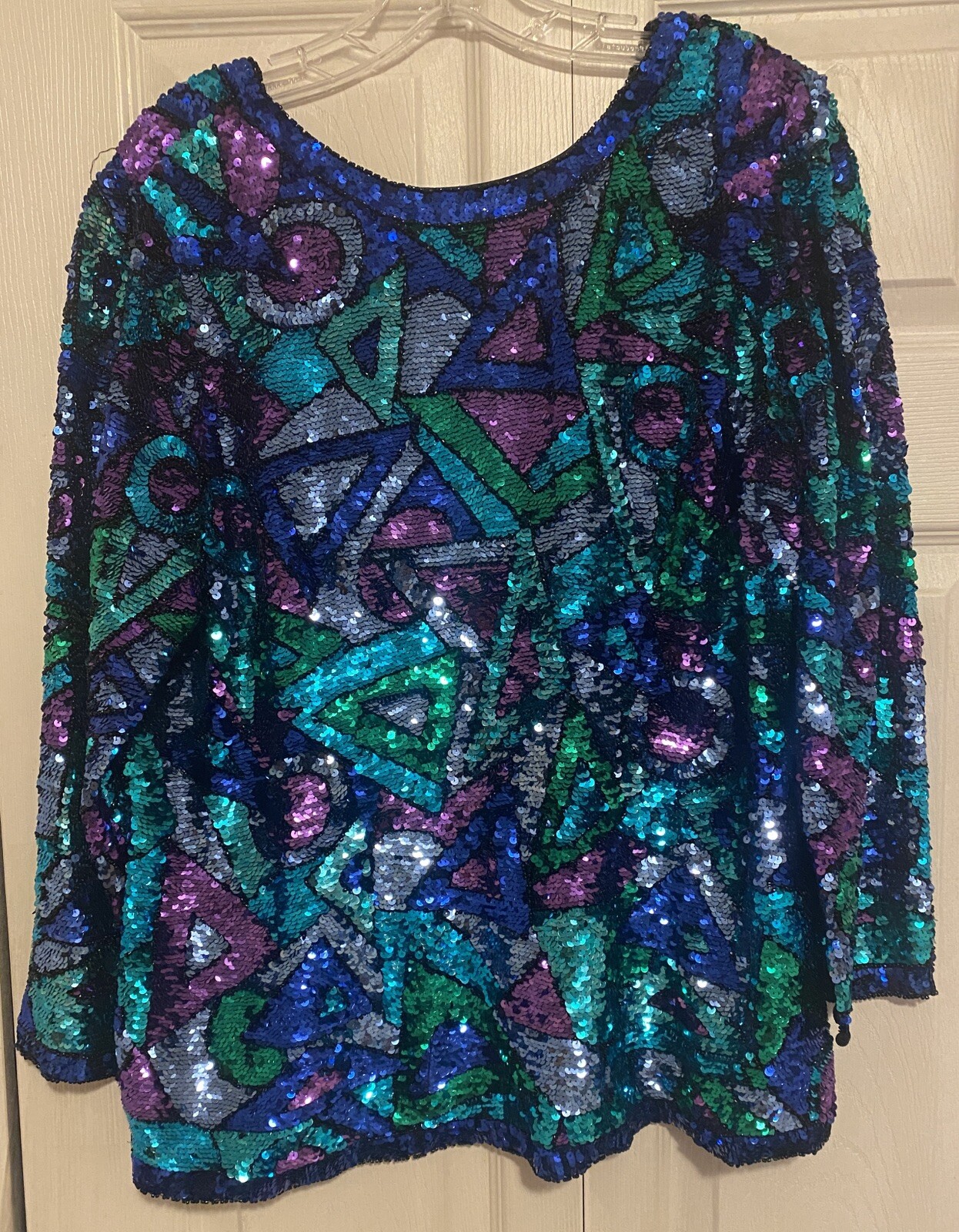 Vintage Oleg Cassini Black Tie Sequin Beaded Silk Top Evening 80s 90s XL EUC