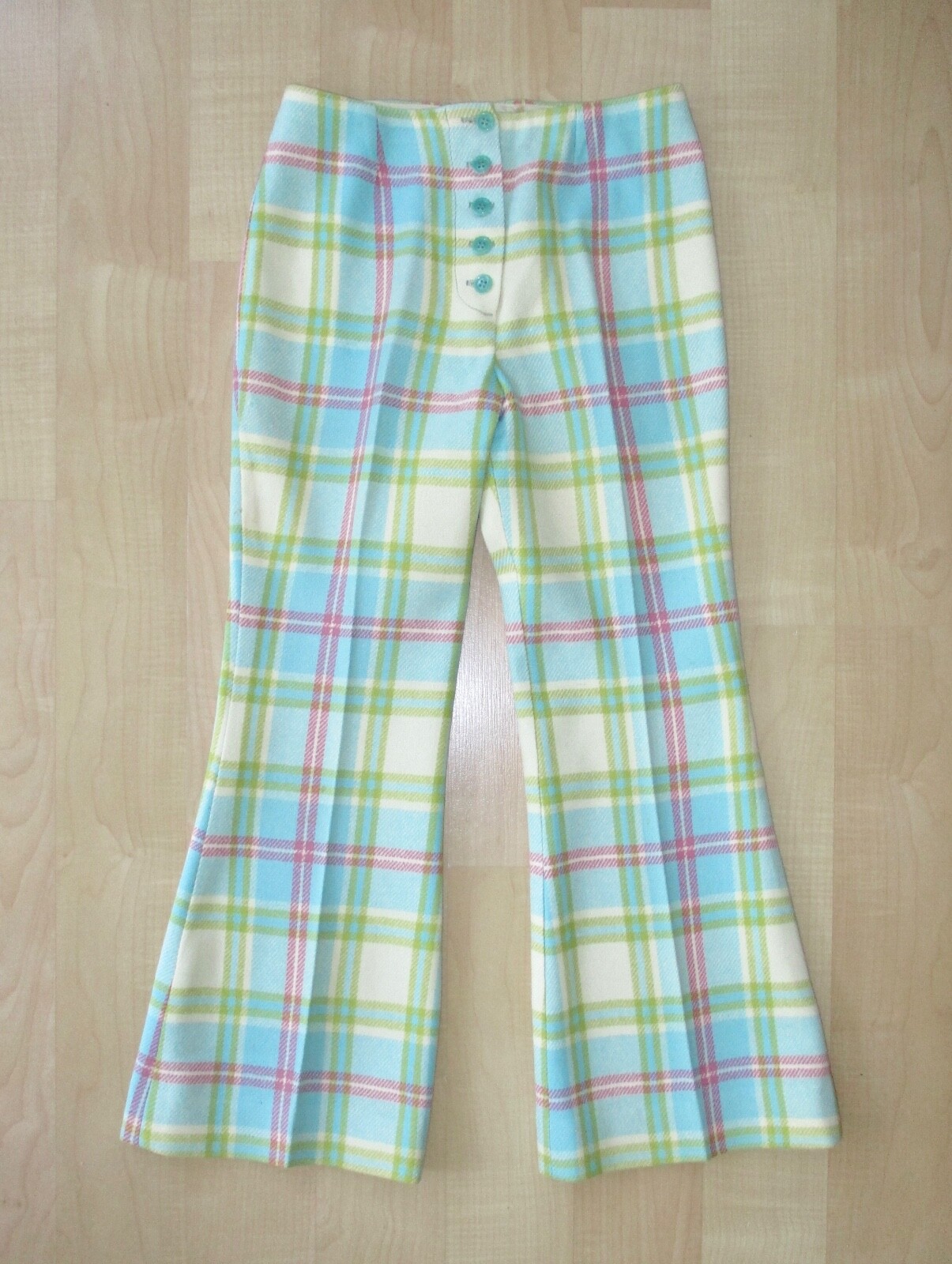 Vtg 60s Mod Blue Pink Green Plaid 2-Pc Bell Bottom Flare Leg Vest Pant Suit 7