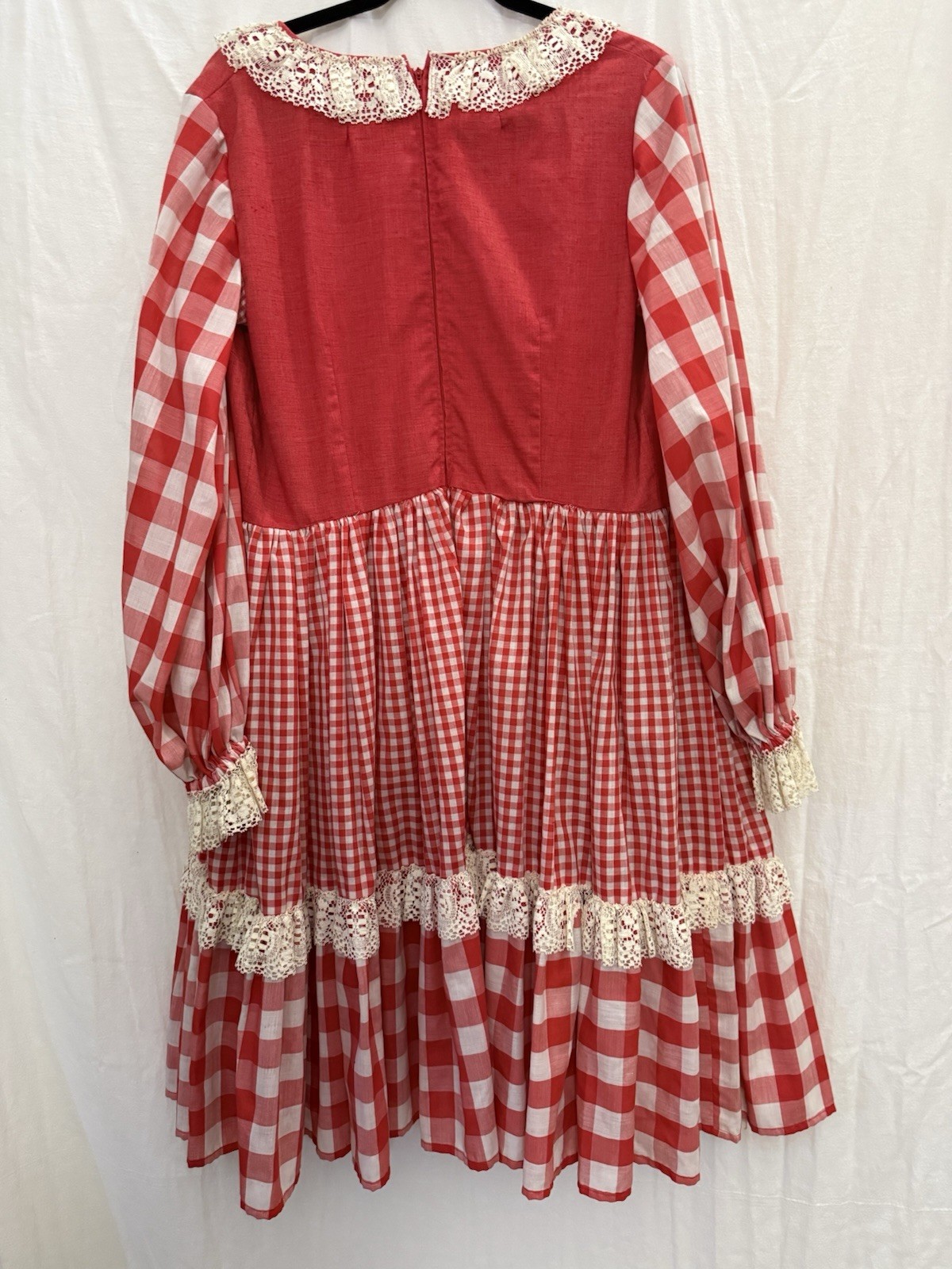 Vtg 70s Handmade Prairie Dress Red Gingham Lace Bib Farmhouse XL Storybook Style