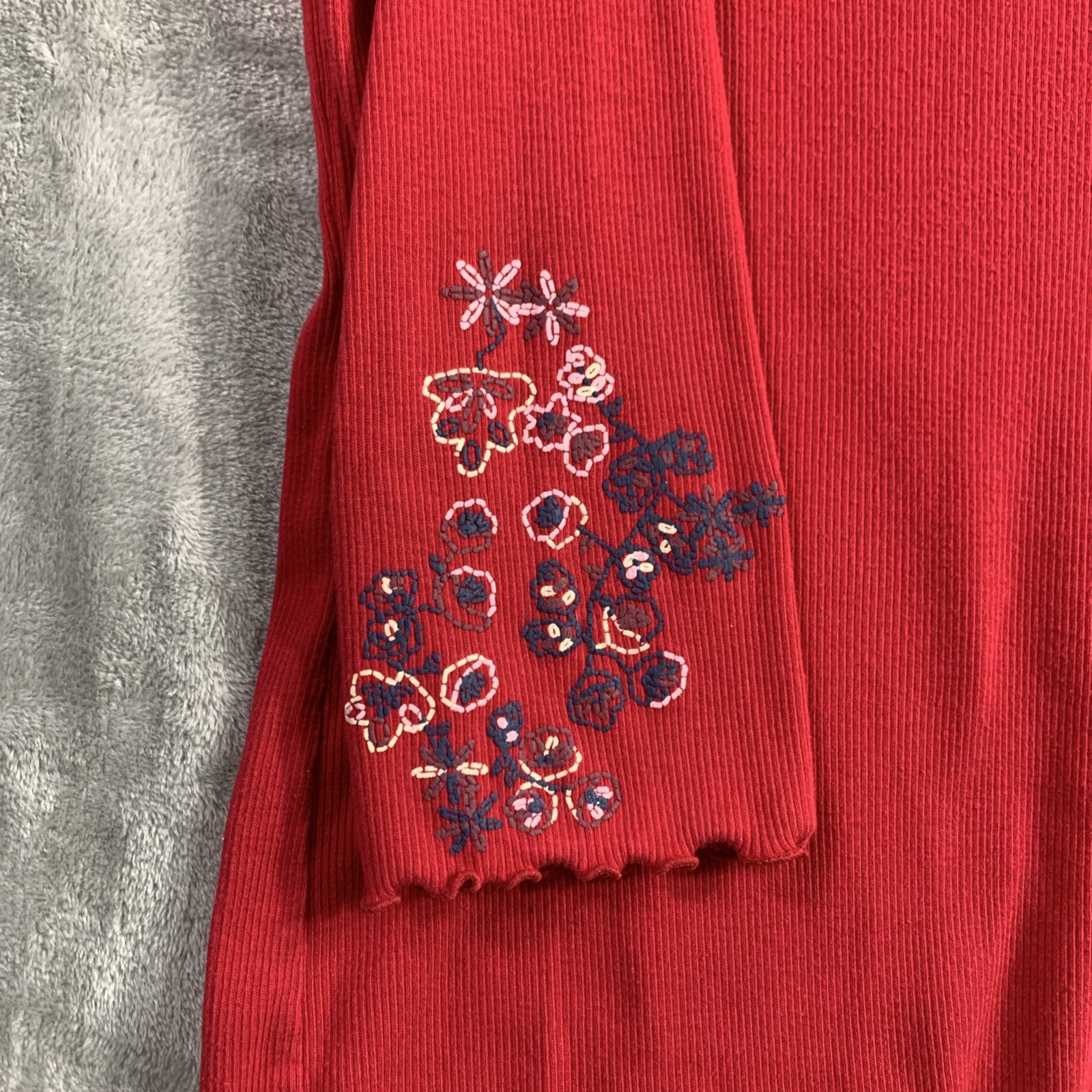 VTG 80’s 90s Ms Lee Top Sz L Red Puff Paint Floral Lettuce Hem Cottagecore Rodeo