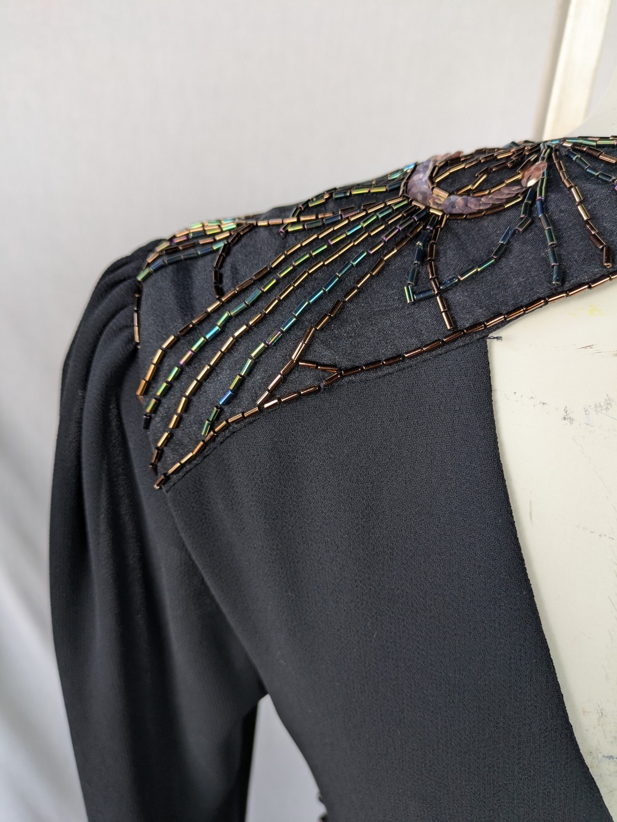 Vintage 80s Casadei Dress Black Hi Lo Hem Ruched Beaded Shoulders Sz 6