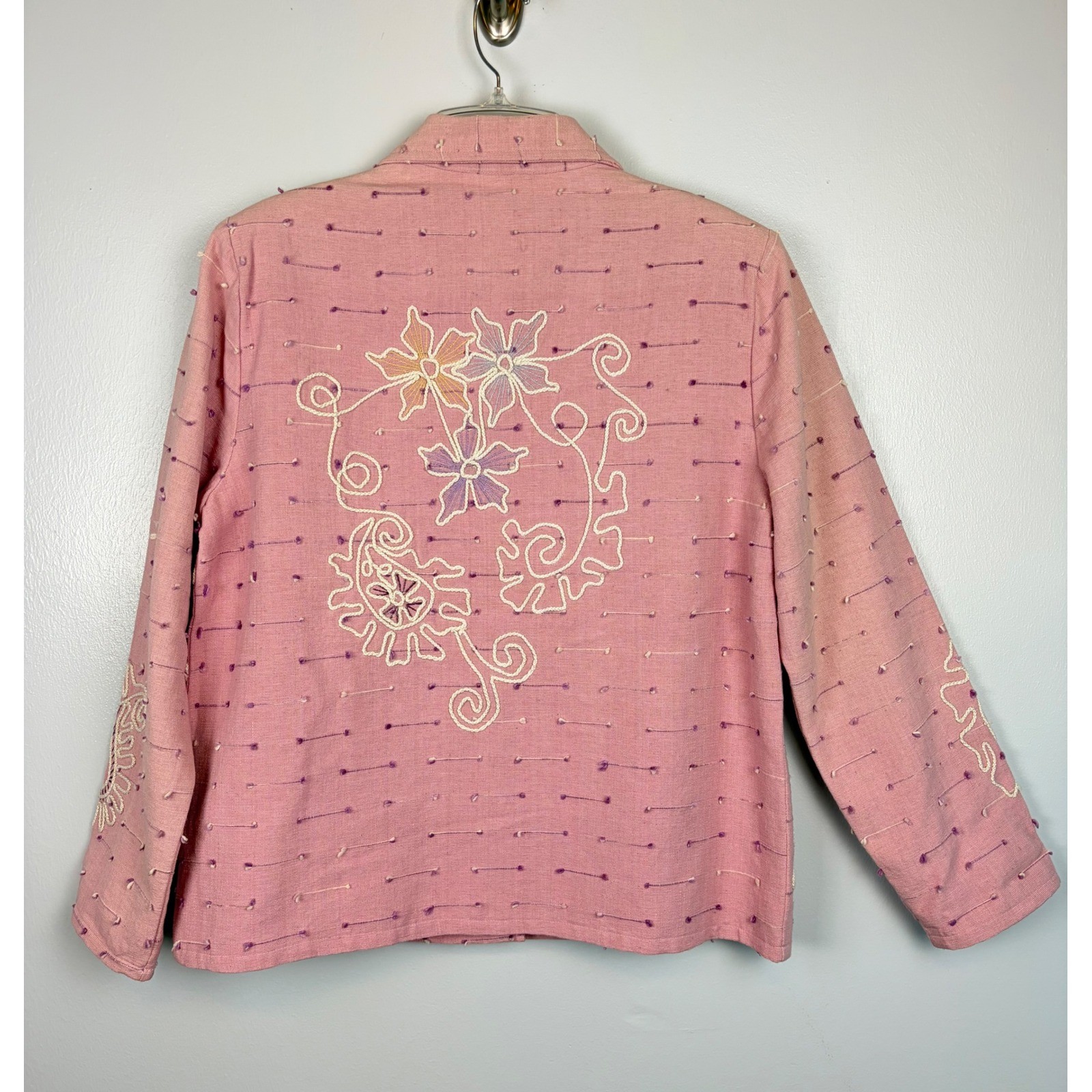 Alex Kim Pink Embroidered Floral Cotton Jacket Medium Art To Wear Boho Statement