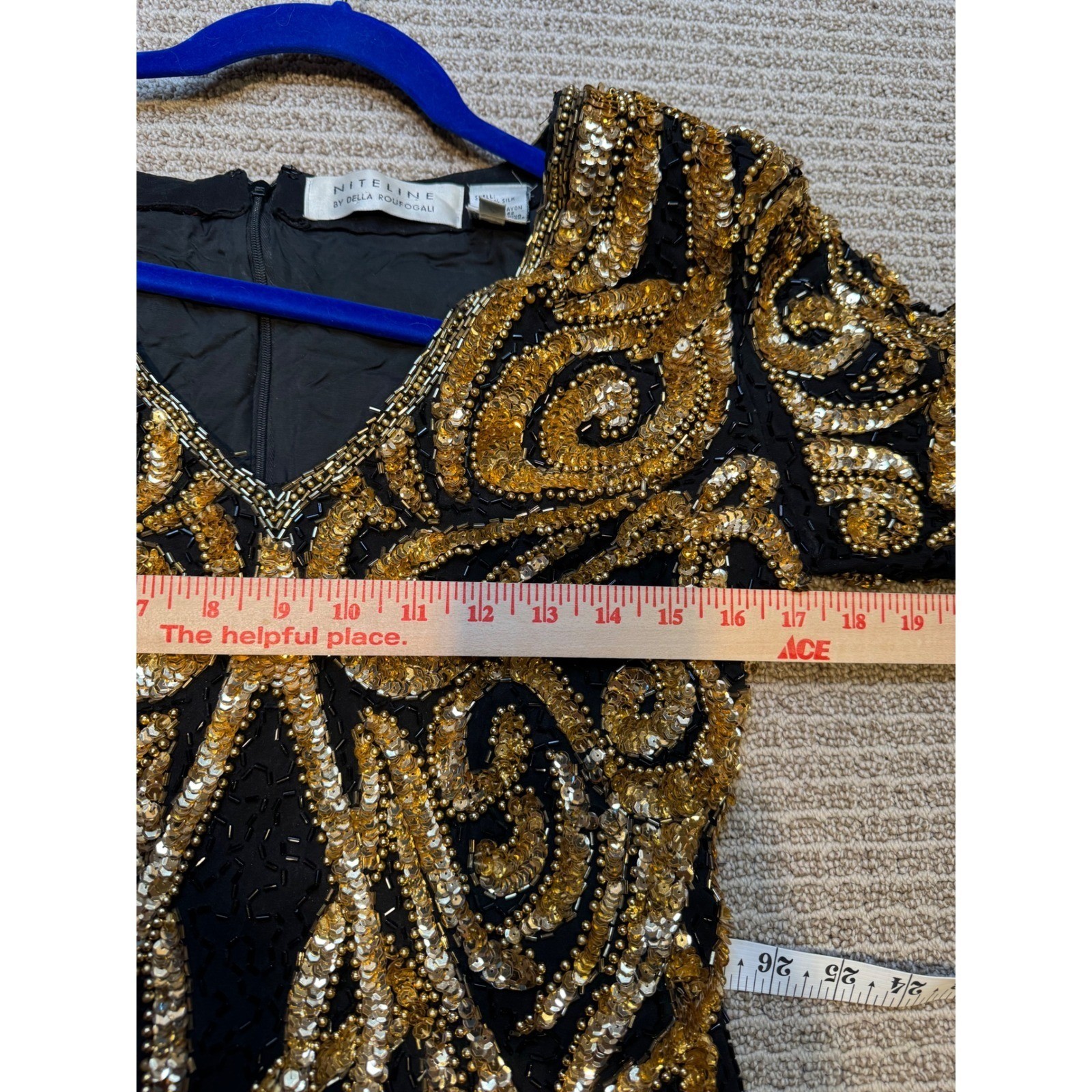 Niteline Della Roufogali Vintage Silk Beaded Sequin Gown Gold Black Maxi Dress 8