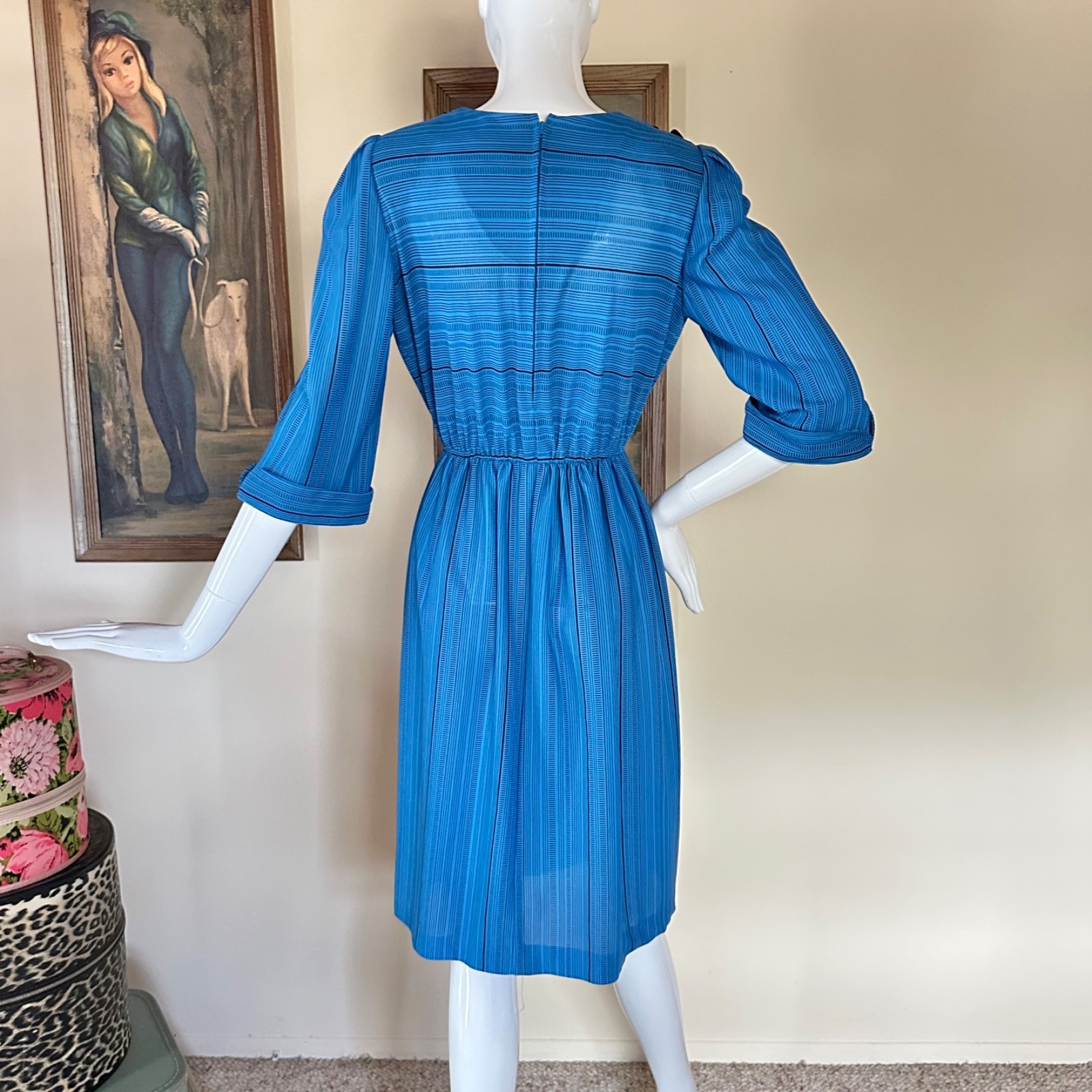 Vintage 1980s New Wave Dashes Striped Midi Day Dress Preppy Secretary M