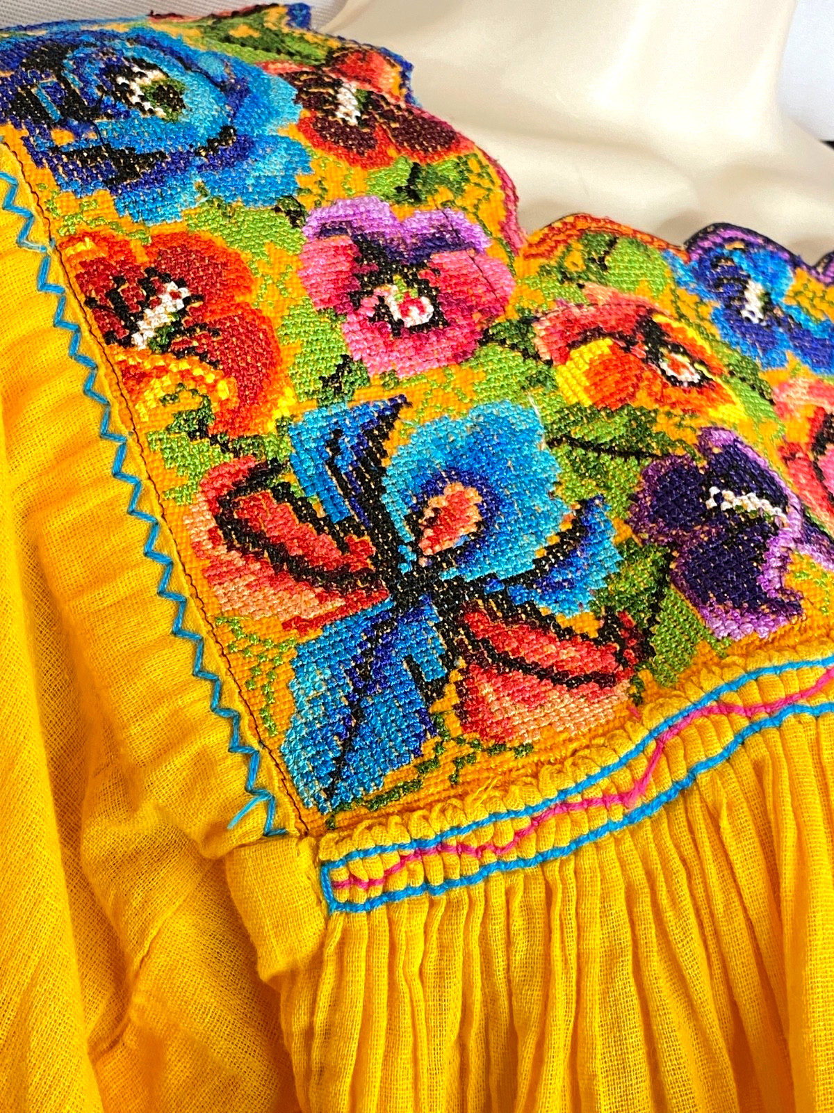 Vintage yellow floral embroidered tunic top long sleeves pink blue cotton boho