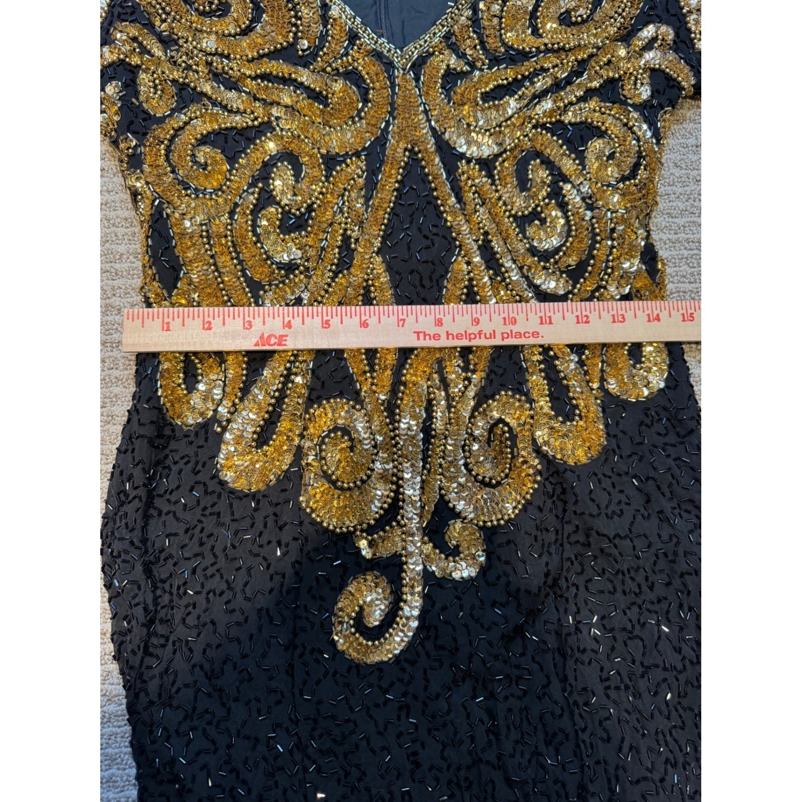 Niteline Della Roufogali Vintage Silk Beaded Sequin Gown Gold Black Maxi Dress 8