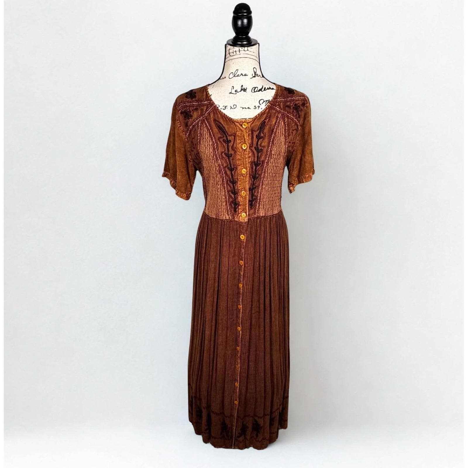 Vtg Brown Maxi Dress Embroidered Tie Back Sz Medium Boho Renaissance Fairy