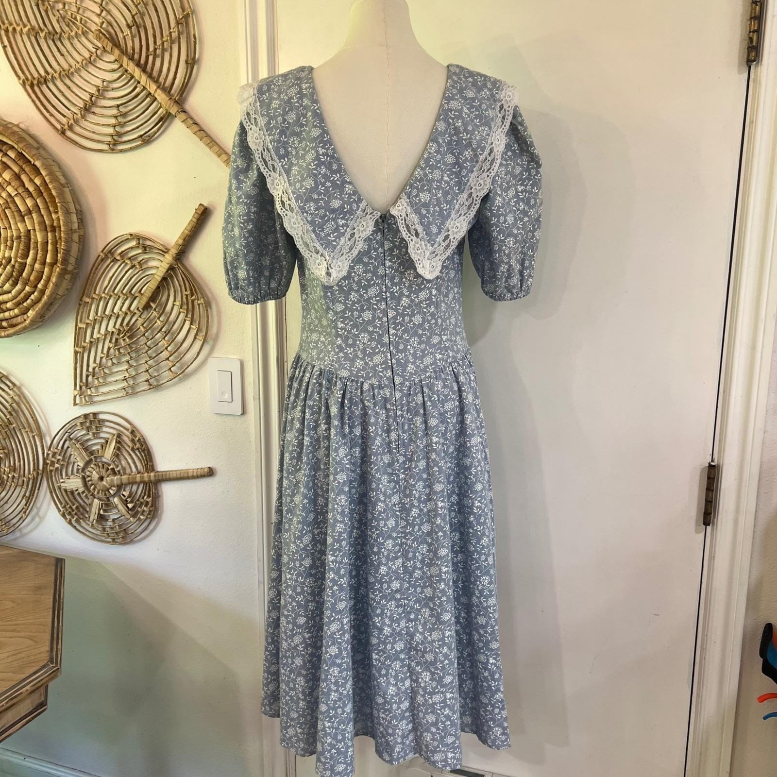 Vintage Maggie Lawrence Blue Floral Cotton Lace Collar Prairie Midi Dress 11/12