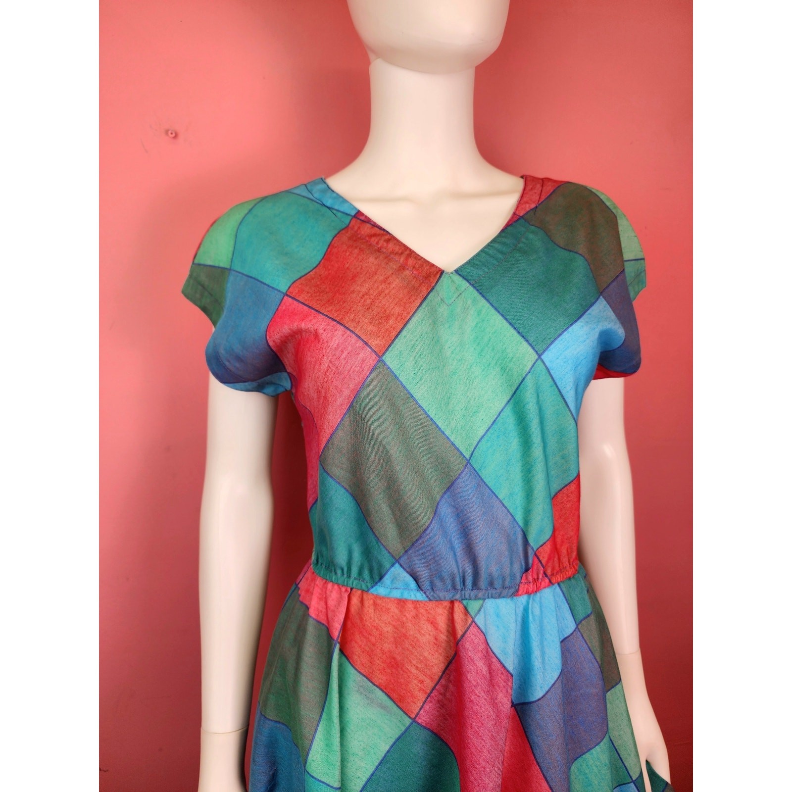Vintage 1970’s Madras Harlequin Diamond Check Plaid Magenta Blue Shirt Dress