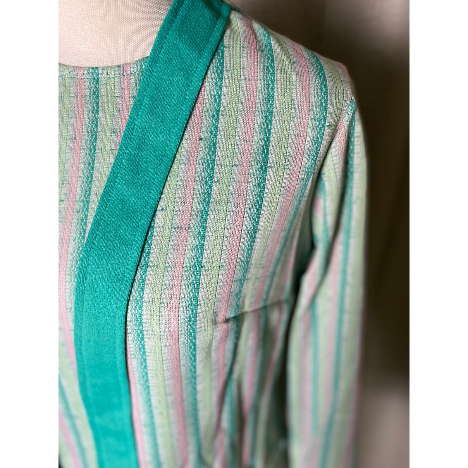 Vintage 60s Dress and Jacket Set Teal Pink Striped Mod Sheath 2 Piece Outfit