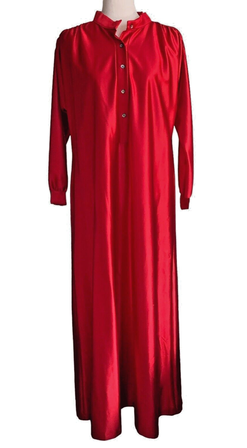 Vintage 1970s Butterfield 8 RED Satin Nightgown Duster Lounger Nylon Maxi Medium