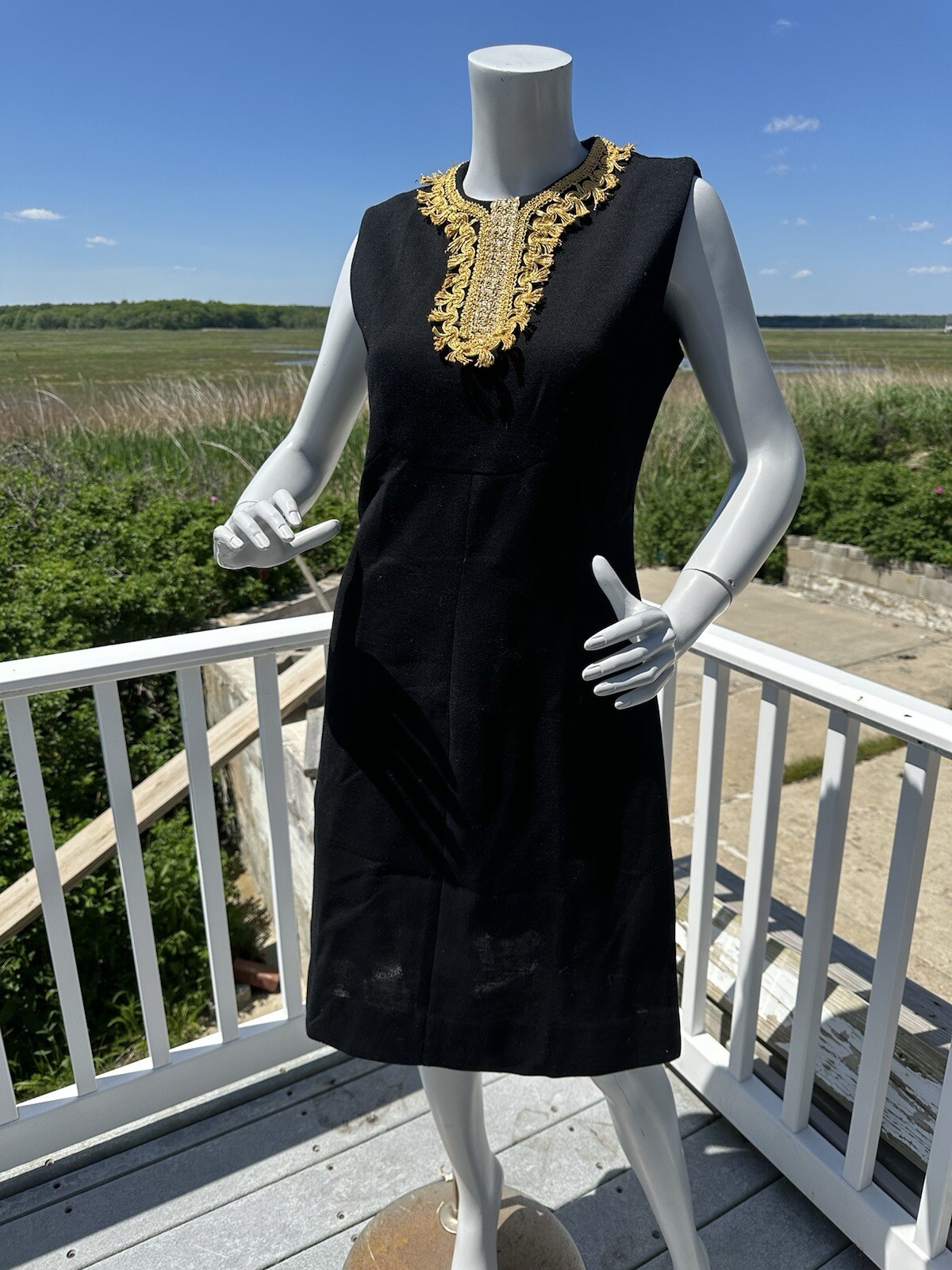 1960s Bleeker Street dress black cocktail shift gold trim 70s size 14 classic