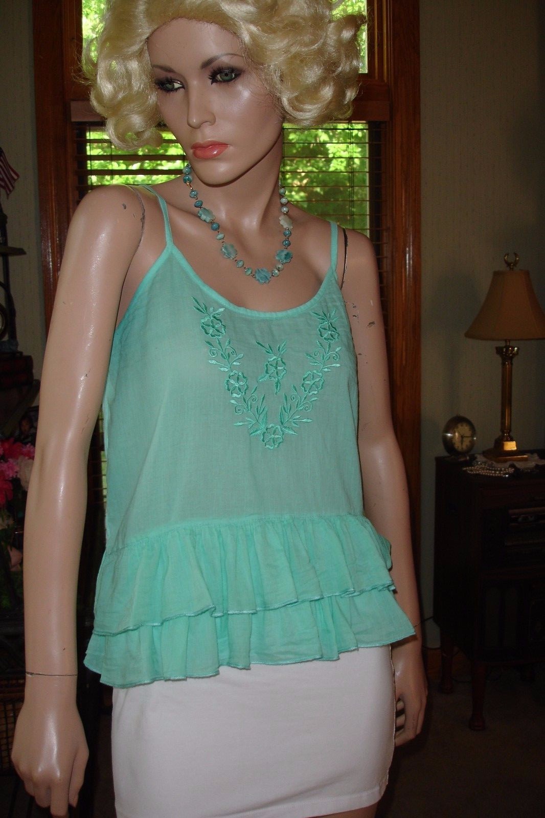 Wet Seal Sz M Aqua Turquoise Seafoam Cool Breezy Summer Cotton Gauze Ruffle Top