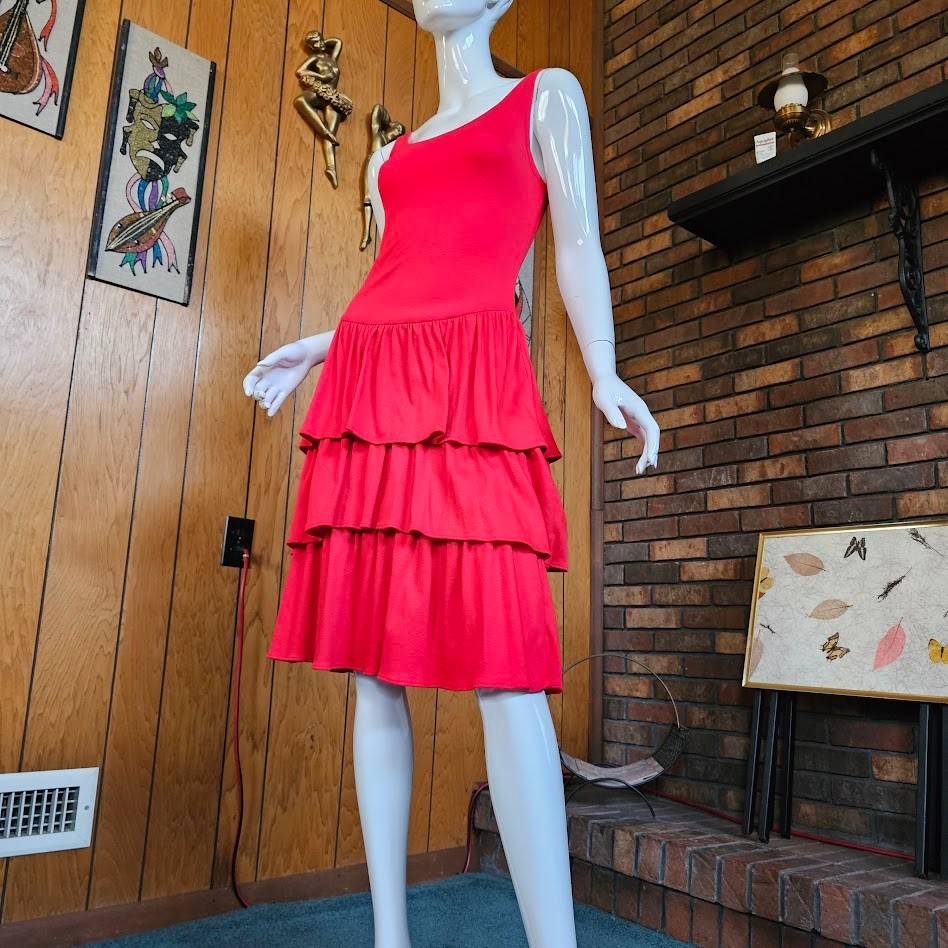 Vintage 80s New Wave Punk Cherry Red Tiered Ruffle Skirt Tank Top Day Dress M